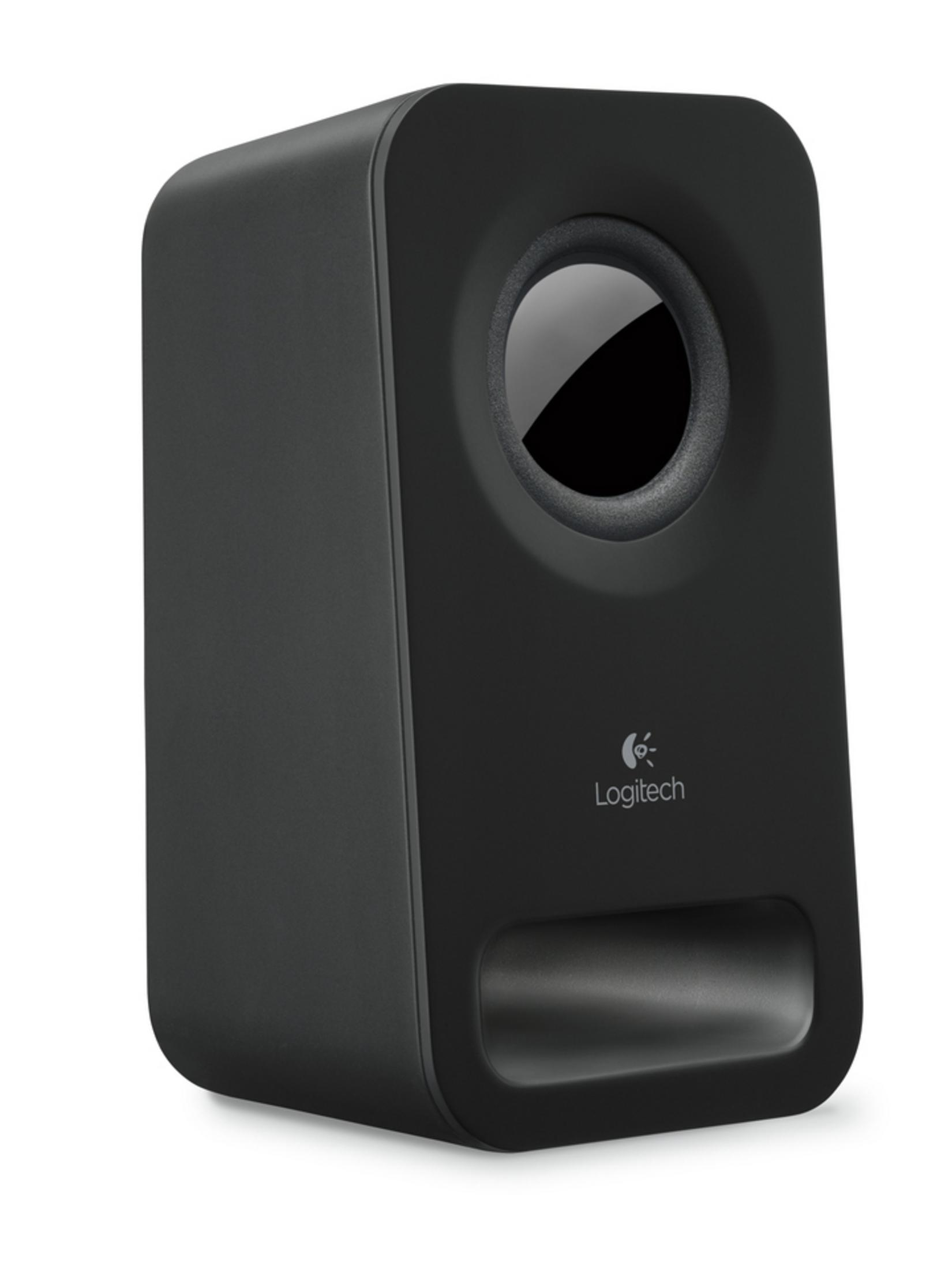 Altavoz Logitech negro, forma cilíndrica, con altavoz negro y logotipo en el frente.
