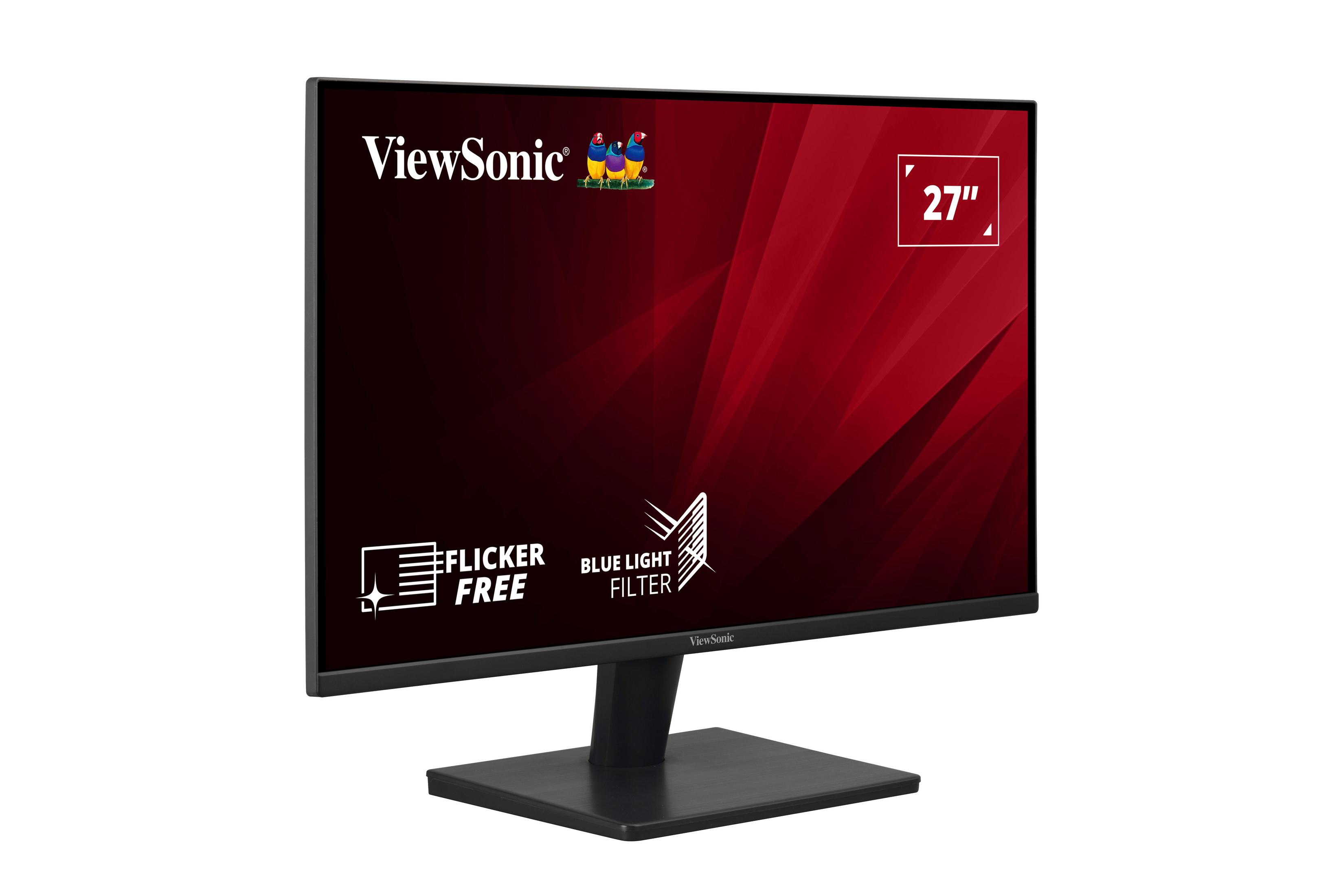 Ein schwarzer ViewSonic 27" Monitor mit rotem Hintergrund und weißem Text.