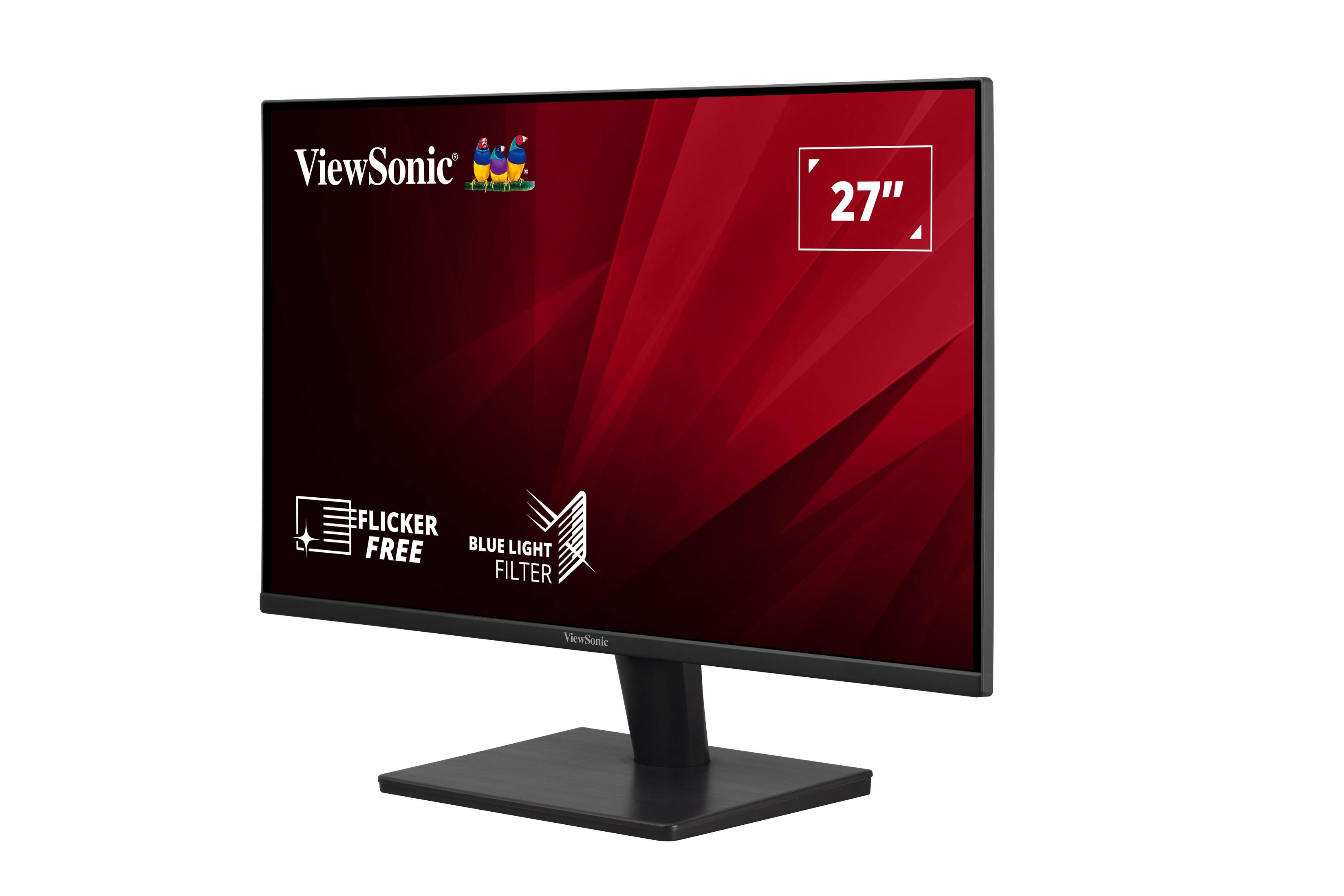27-Zoll ViewSonic Monitor, schwarz, mit rotem und schwarzem Hintergrund auf dem Bildschirm.