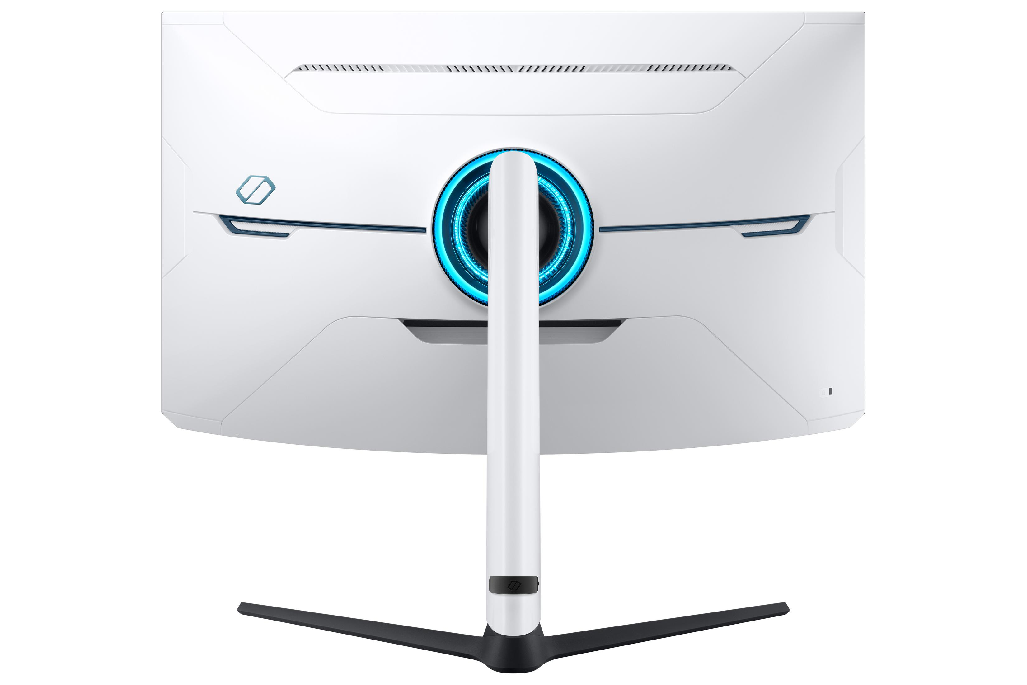 Biały zakrzywiony tył monitora. Z logo, wentylacją i centralnym mocowaniem.