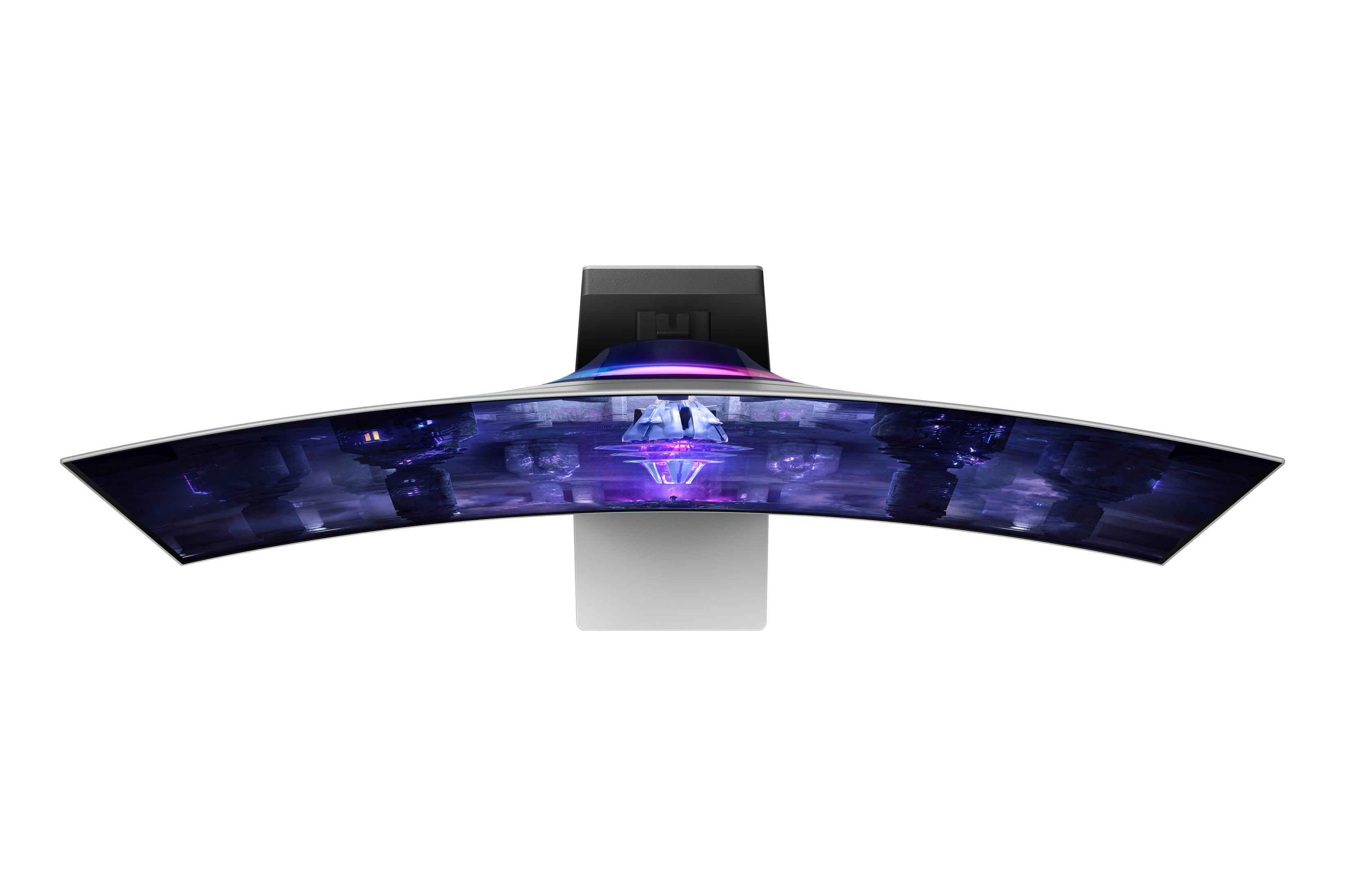 Gebogener Monitor, Draufsicht. Display zeigt futuristische Szene mit lila und blauen Farbtönen.