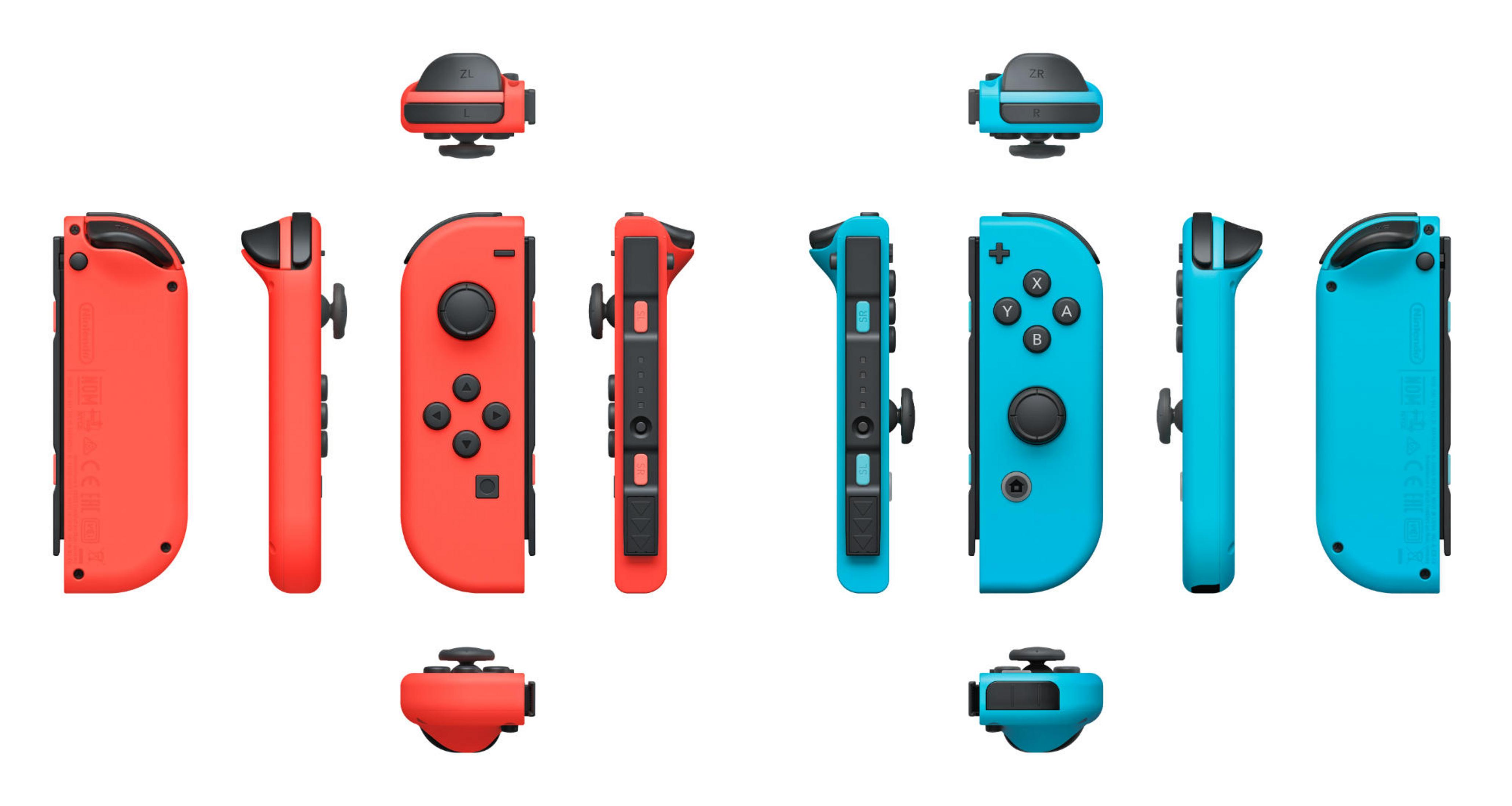 Múltiples vistas de los mandos Joy-Con rojo y azul de Nintendo Switch, ángulos superior y lateral.