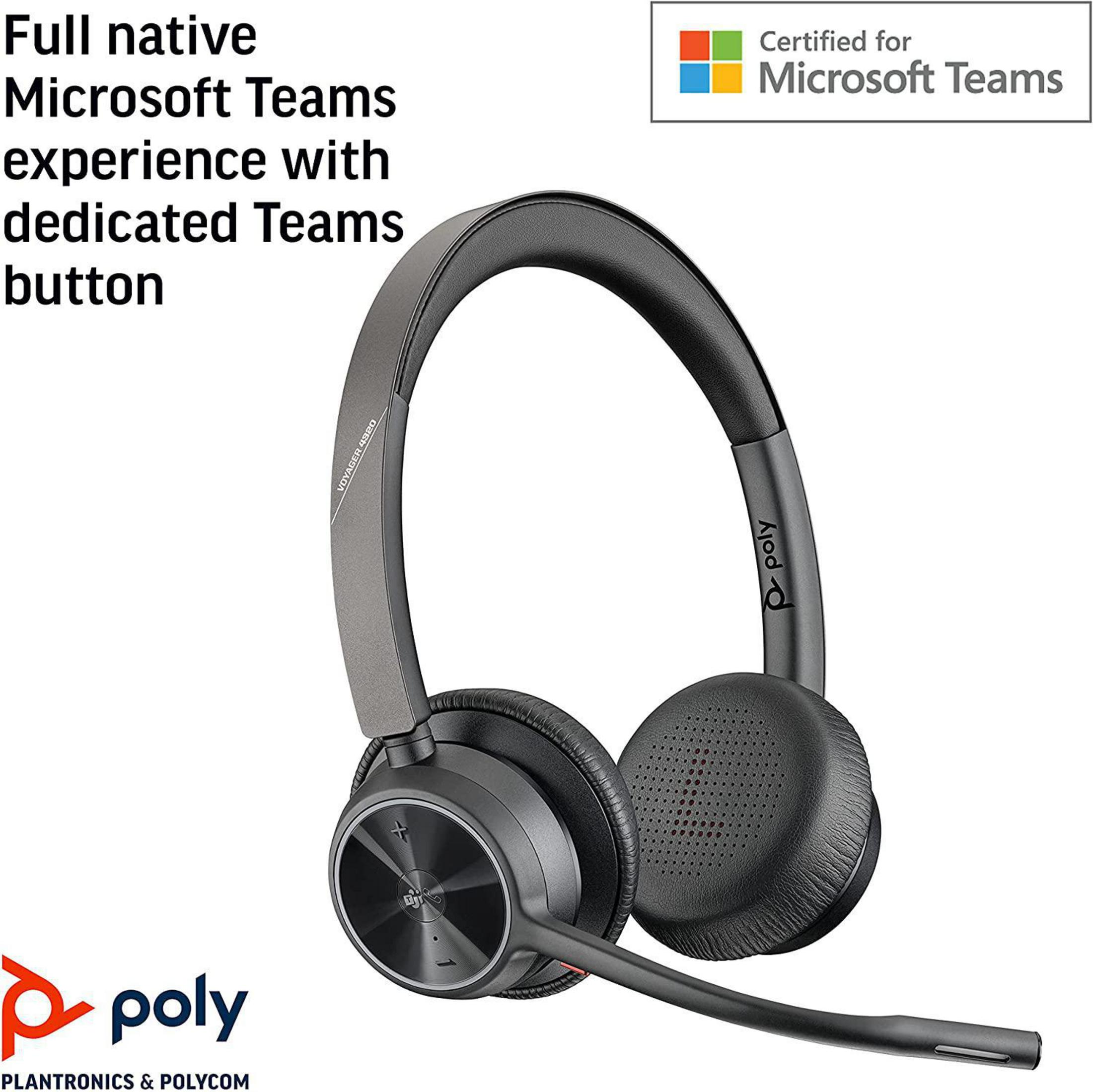 Ein schwarz-graues Headset mit Mikrofon, weißem Hintergrund und Text: Full native Microsoft Teams experience.