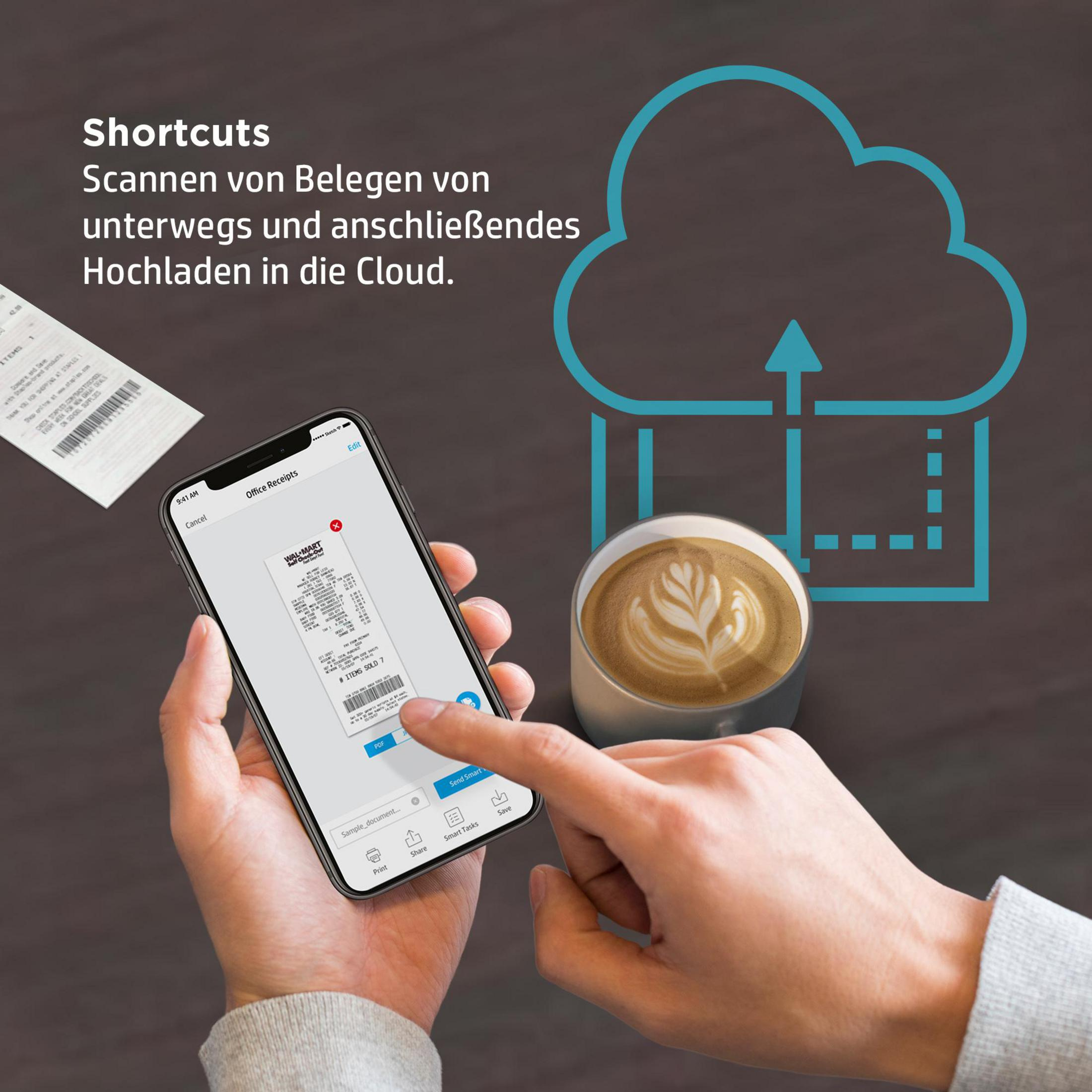 Una mano sostiene un teléfono con una imagen de recibo, sobre un café y un gráfico de nube, texto: Accesos directos.