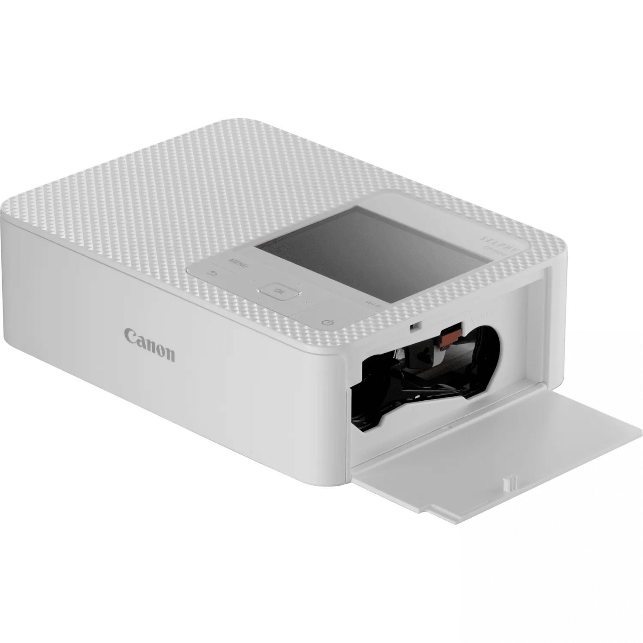White Canon printer with a screen and open compartment, showing internal components.