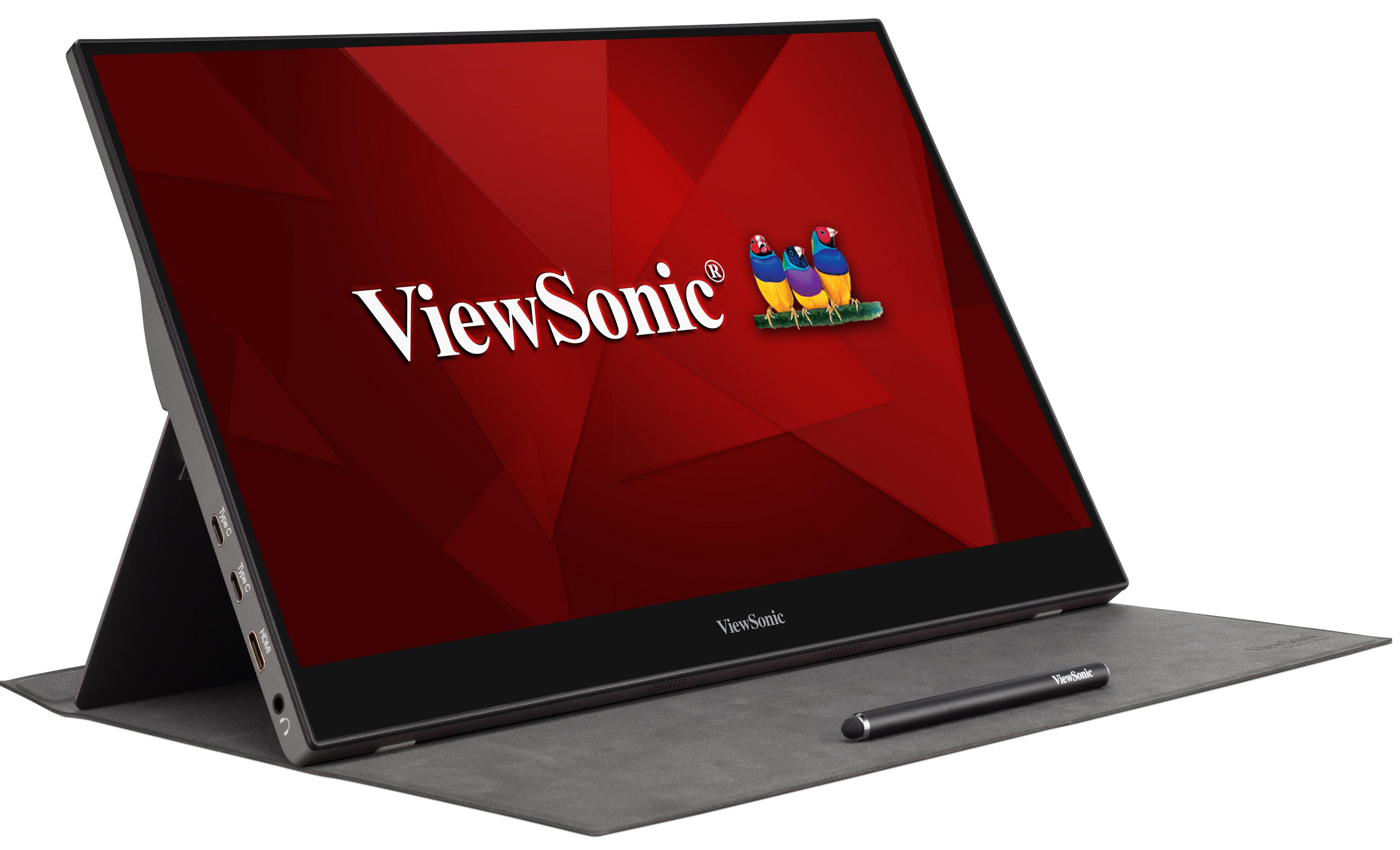 Moniteur portable ViewSonic avec stylet, fond rouge.