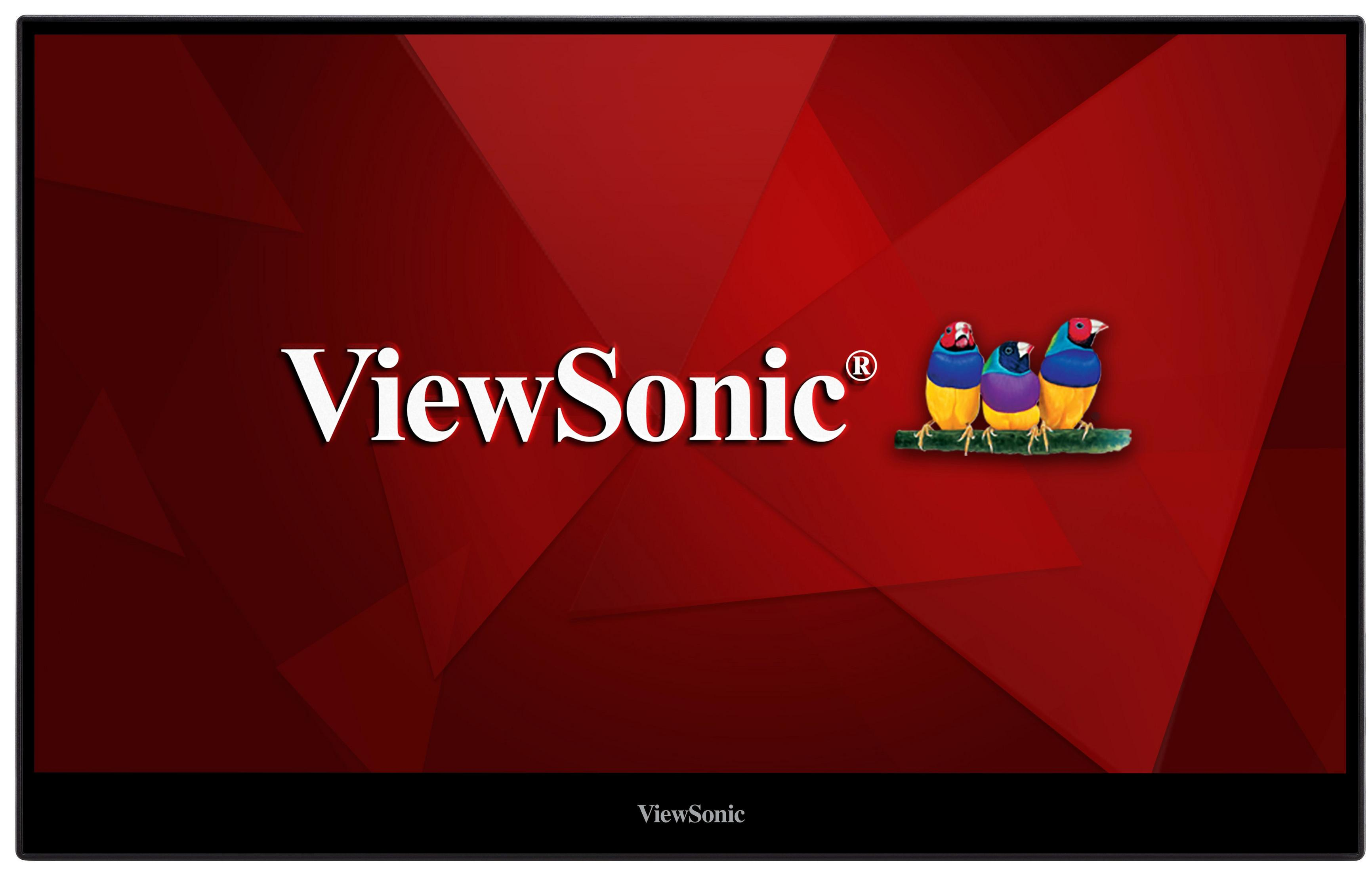 Moniteur ViewSonic avec logo et illustrations d'oiseaux sur fond rouge dégradé.