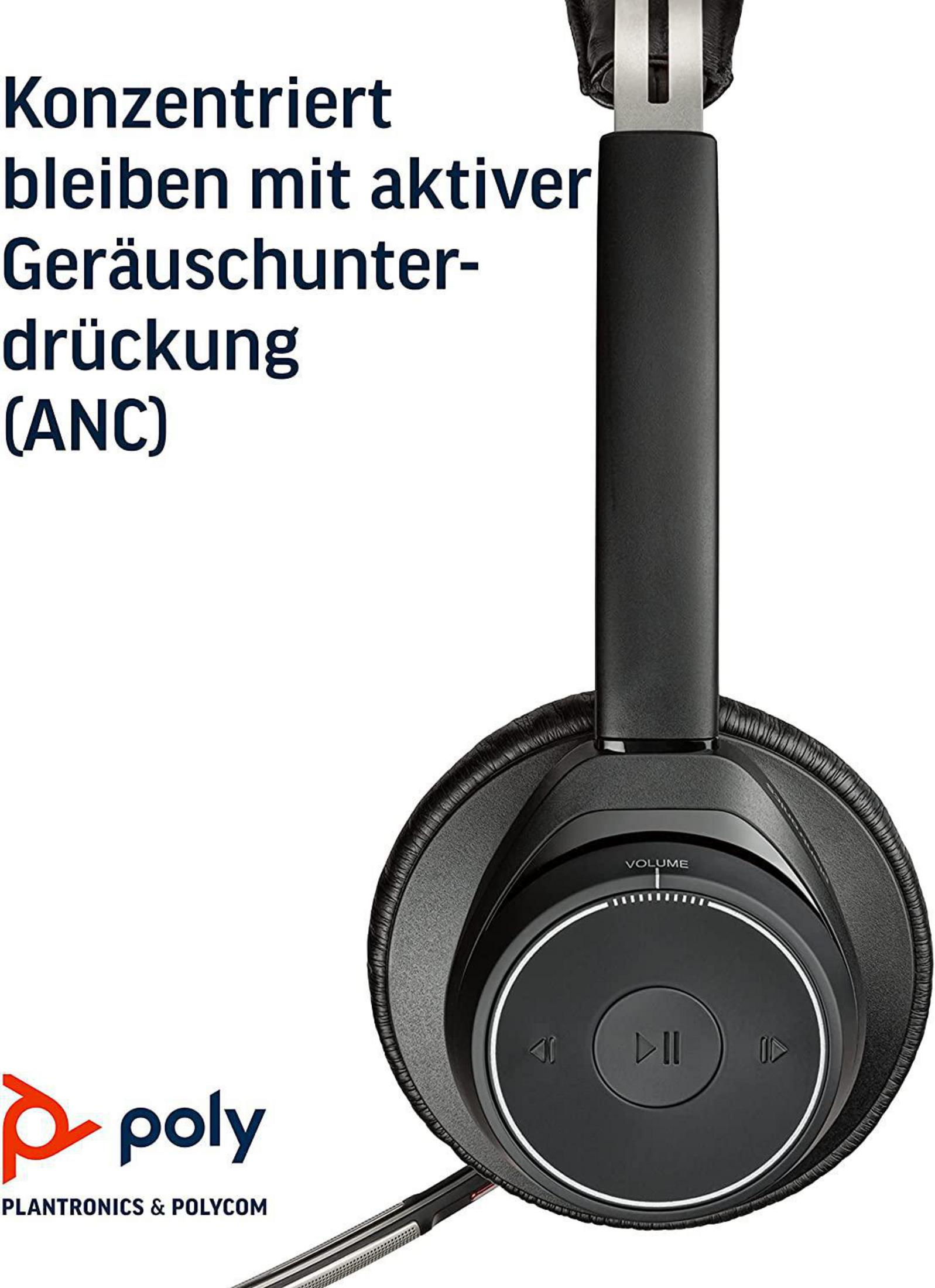 Ein schwarzes Headset mit Lautstärkereglern wird gezeigt. Der Text lautet: Bleiben Sie konzentriert mit aktiver Geräuschunterdrückung.