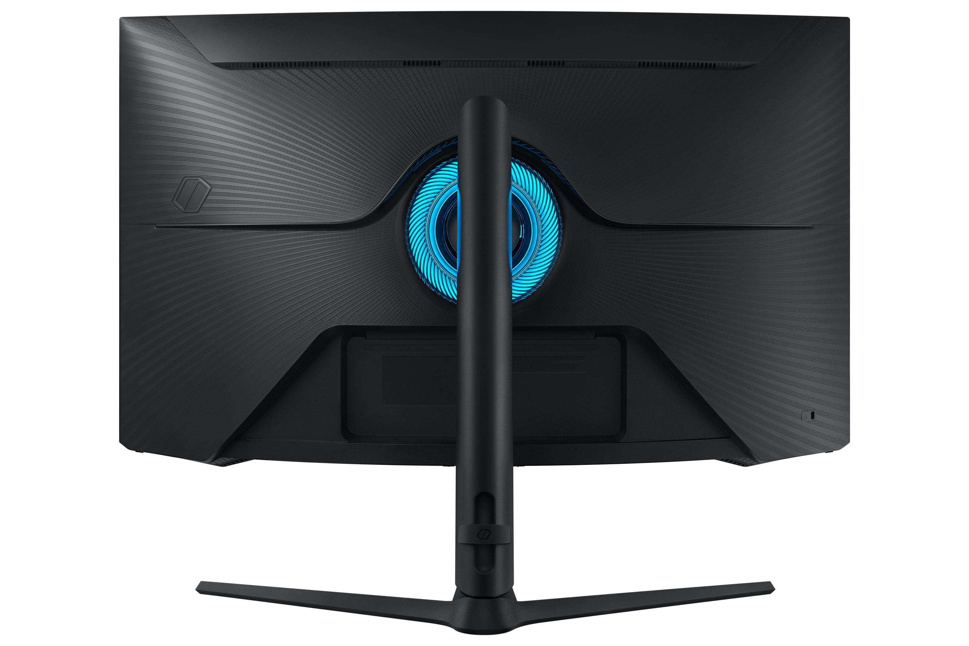 Vista posteriore del monitor nero, forma curva, dettaglio luce blu.