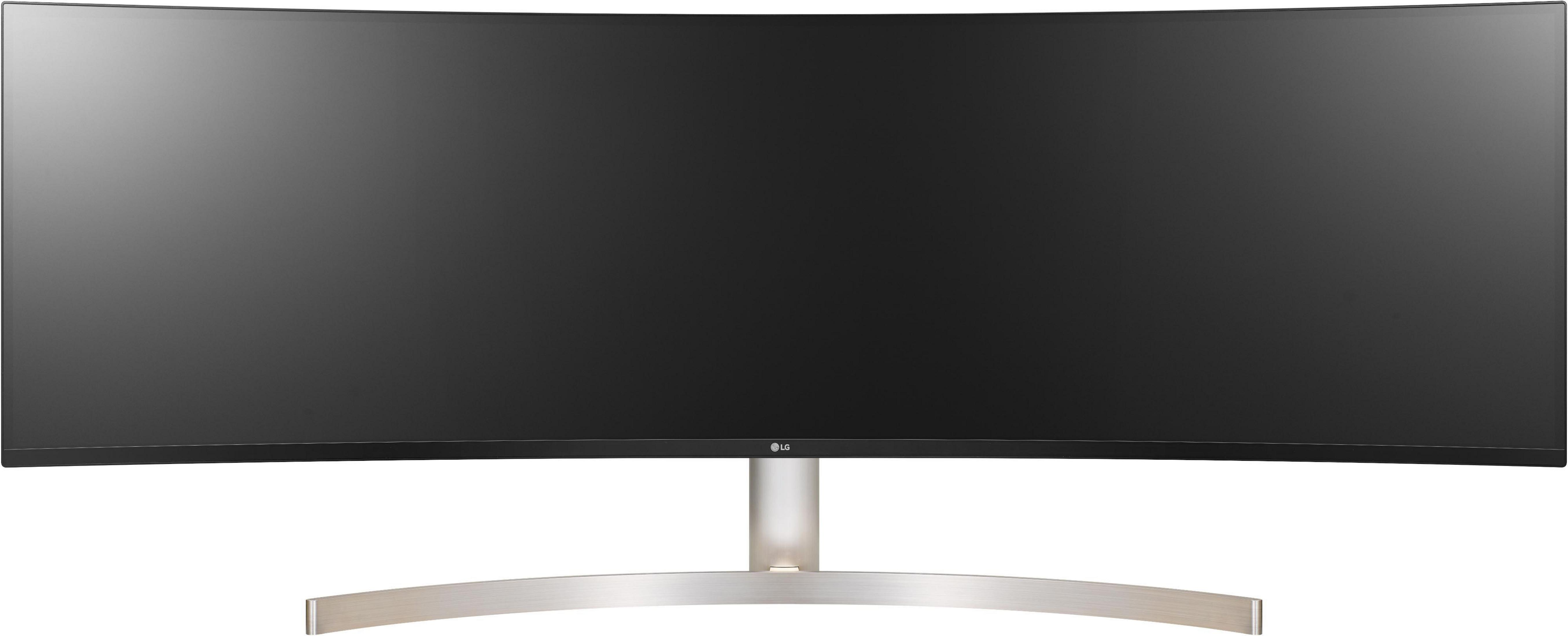 Zakrzywiony monitor komputerowy, srebrny stojak. Ekran jest czarny. Marka 'LG' znajduje się na dole.