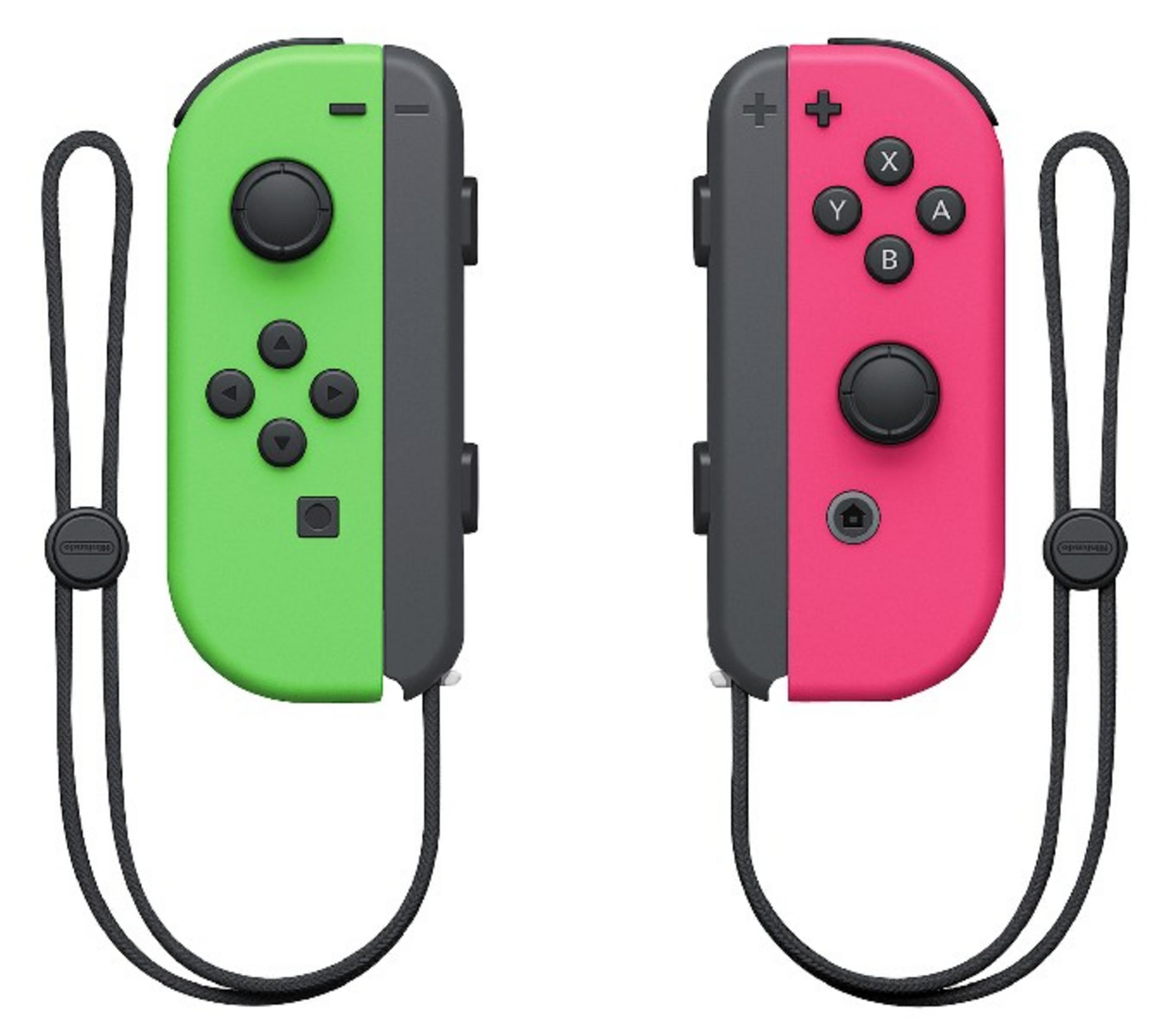 Due controller Joy-Con per Nintendo Switch: verde e rosa, con cinturini.