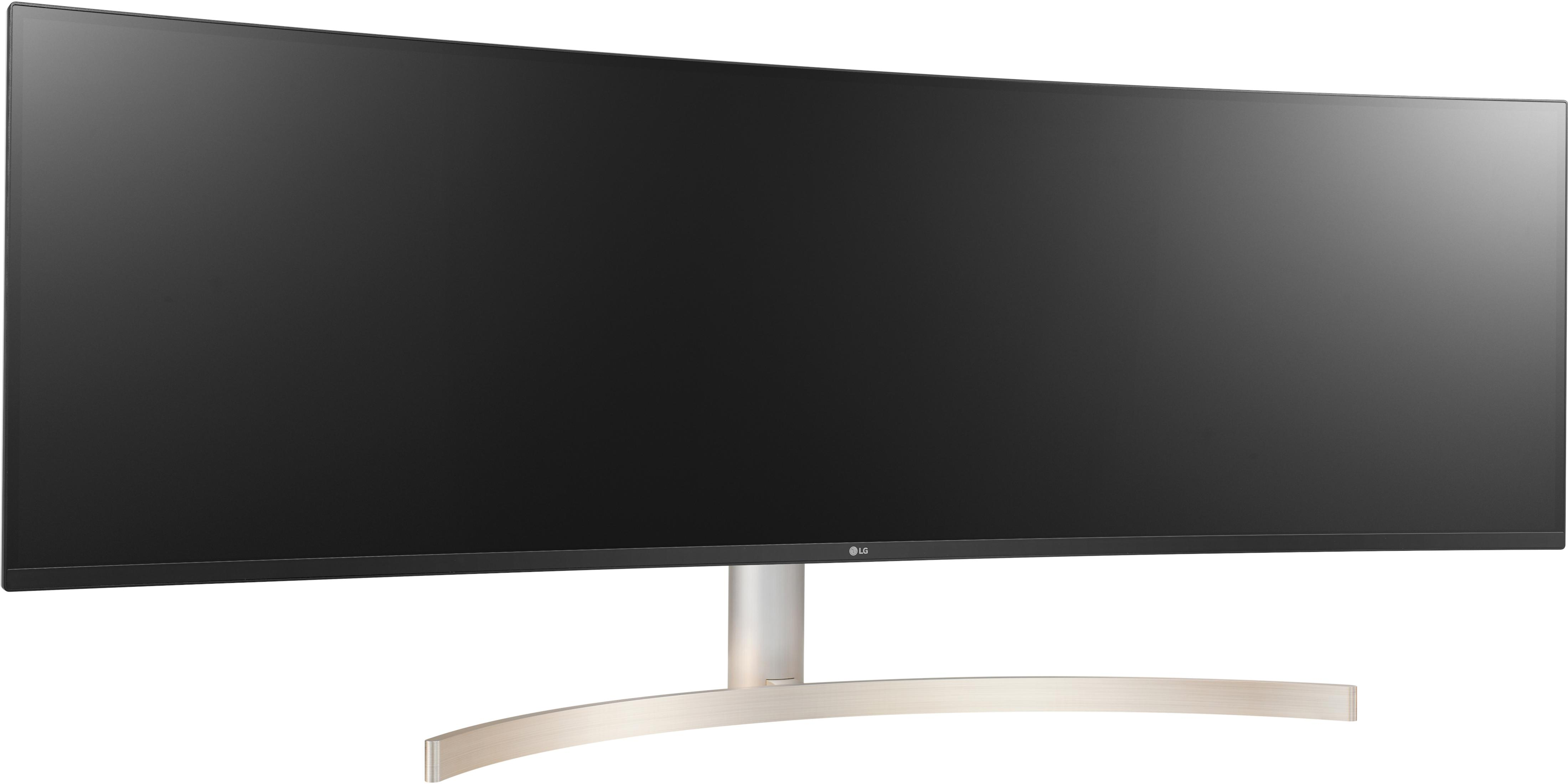 Zakrzywiony monitor panoramiczny ze srebrną podstawą, czarnym ekranem, na białym tle.