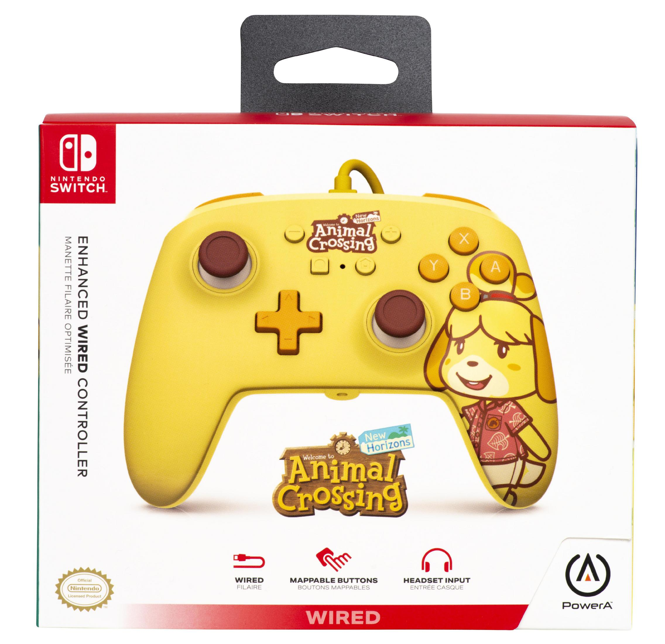 Ein gelber Animal Crossing Nintendo Switch Controller in seiner Verpackung, mit Text und Symbolen.
