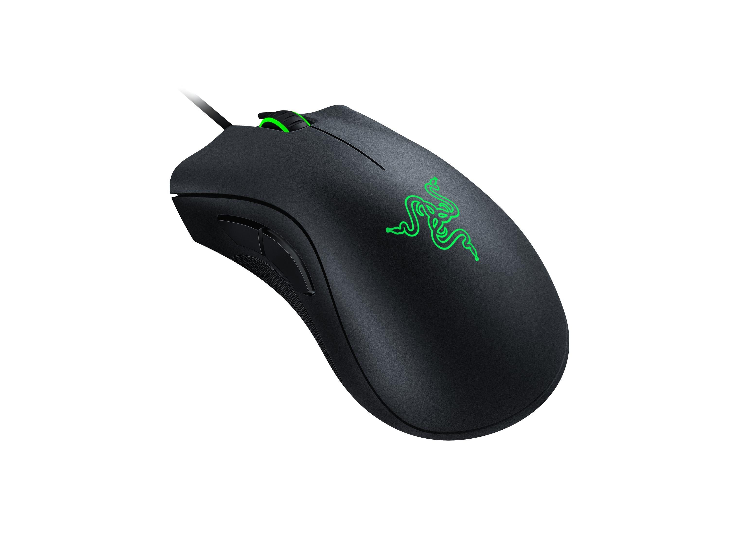 Czarna mysz gamingowa Razer. Zielone logo Razer. Dołączony przewód. Białe tło.