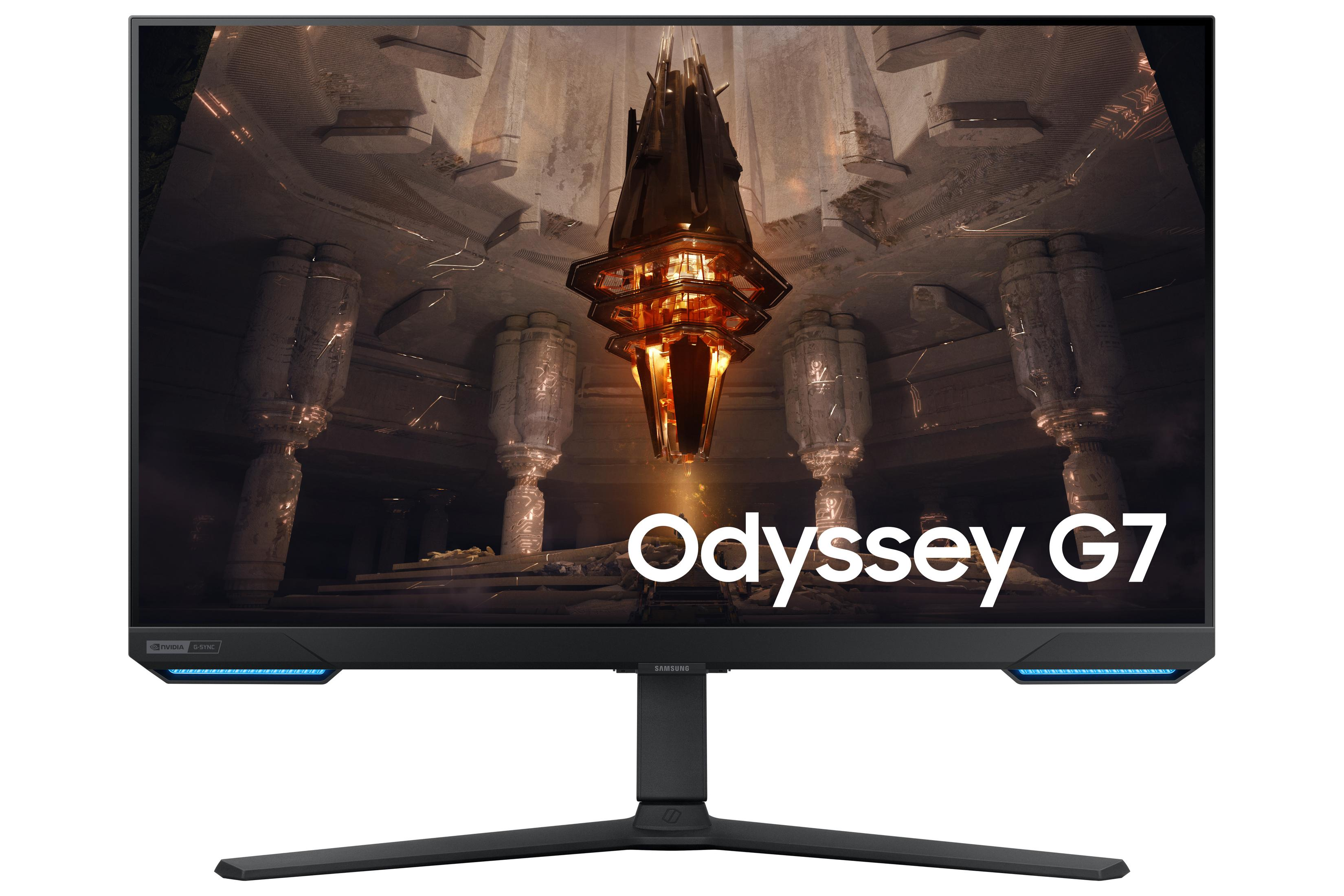 Samsung Odyssey G7 Curved Gaming Monitor, schwarz mit blauen Lichtern und Ständer.