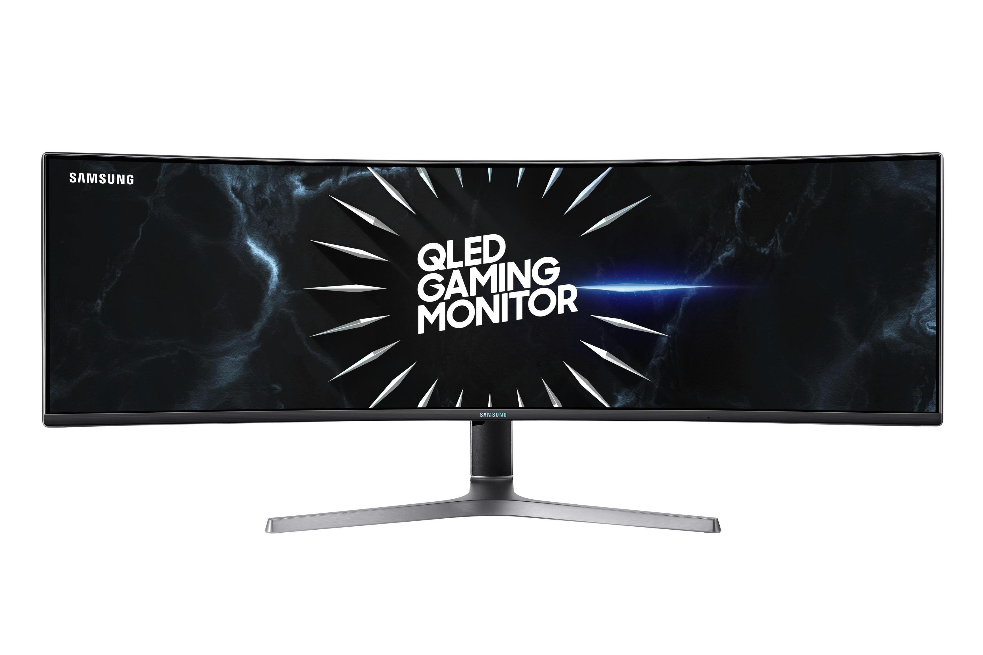 Un monitor curvo Samsung QLED per il gaming su sfondo bianco con supporto argentato.