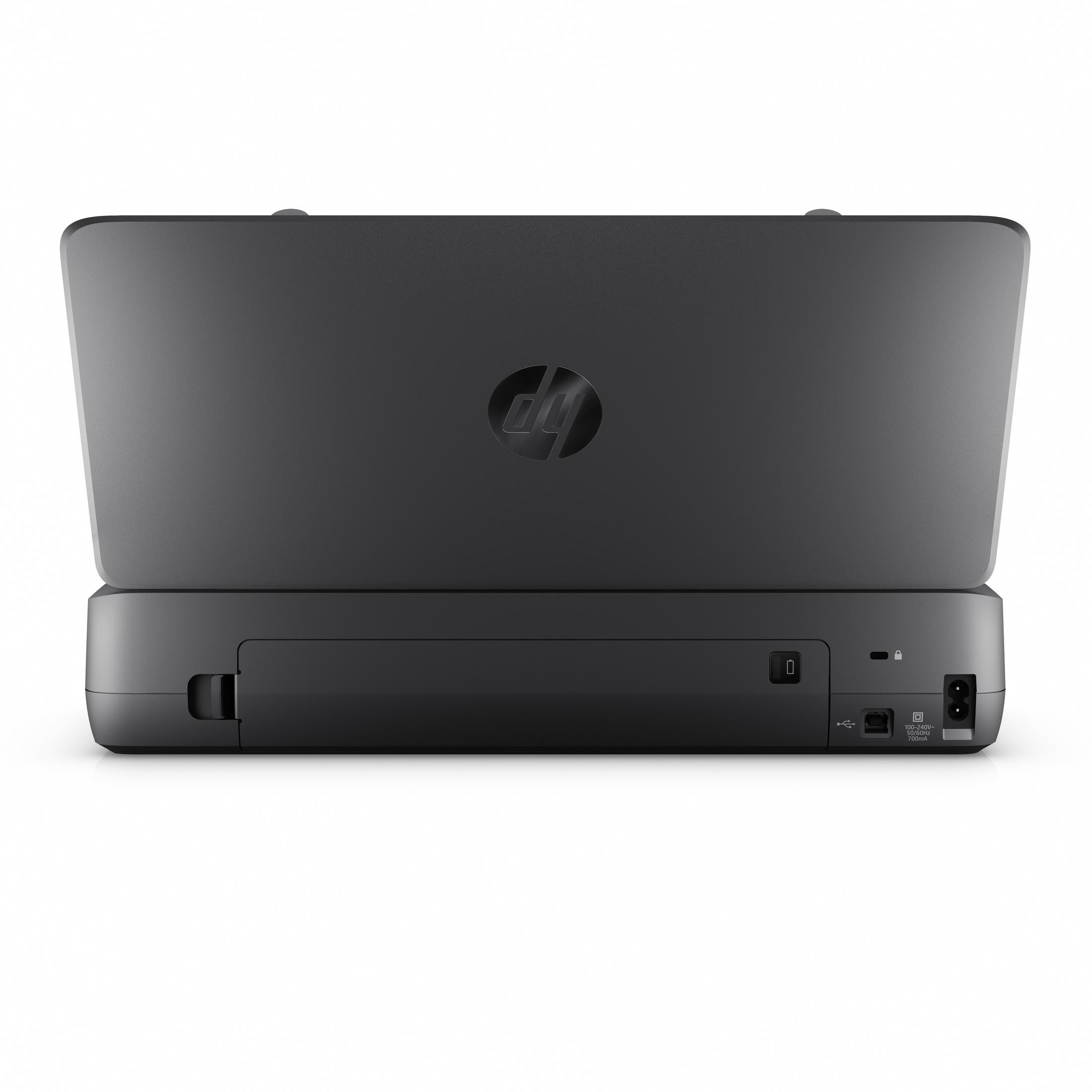Back view of a black HP printer with open top, ports, and the HP logo.