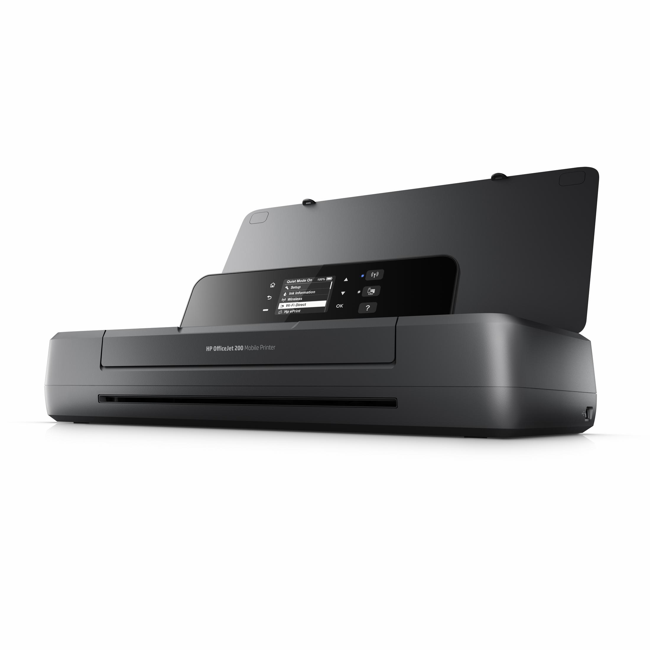 A grey HP OfficeJet 200 Mobile Printer, open and ready to print. A small screen is visible.