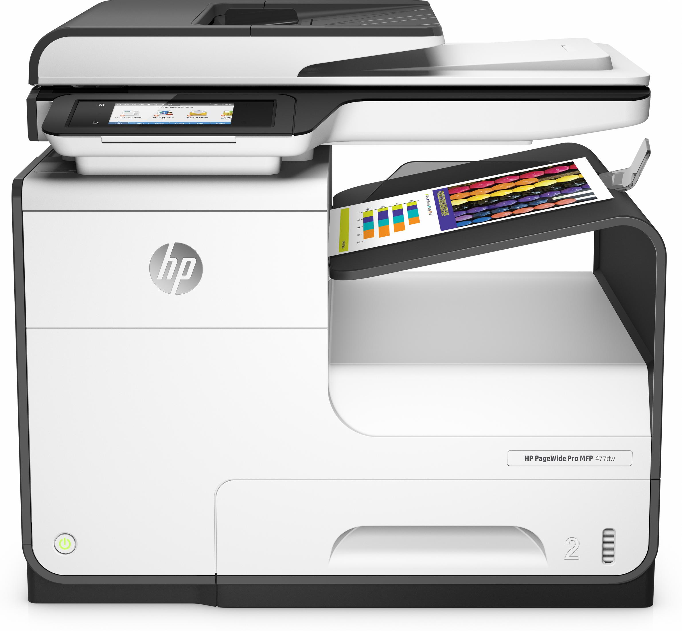 Stampante bianca e nera con scanner angolato e schermo. La stampante ha il logo HP.