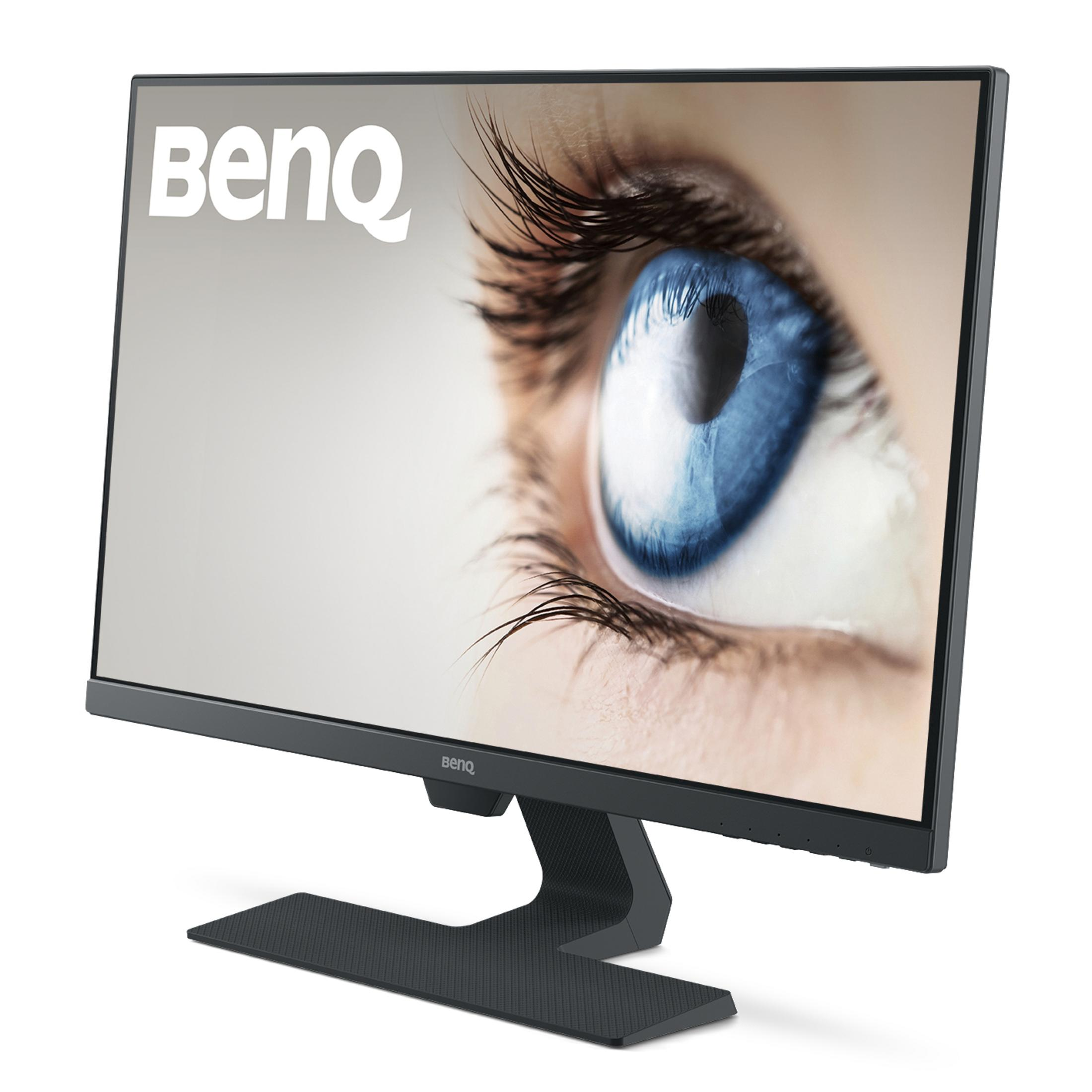 BenQ-Monitor, der eine Nahaufnahme eines Auges zeigt. Der Markenname steht oben.
