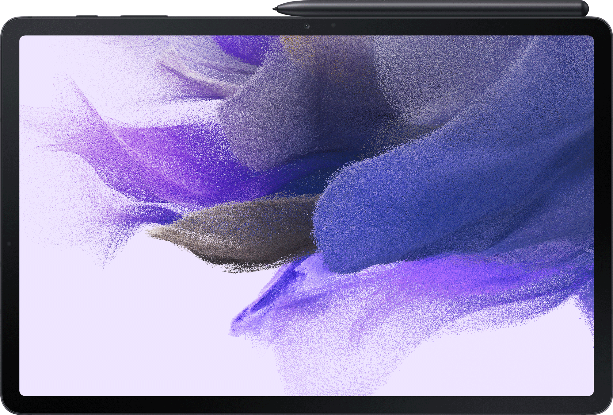 Graues Tablet mit Stift, auf weißem Hintergrund, mit lila und weißem Bildschirm.