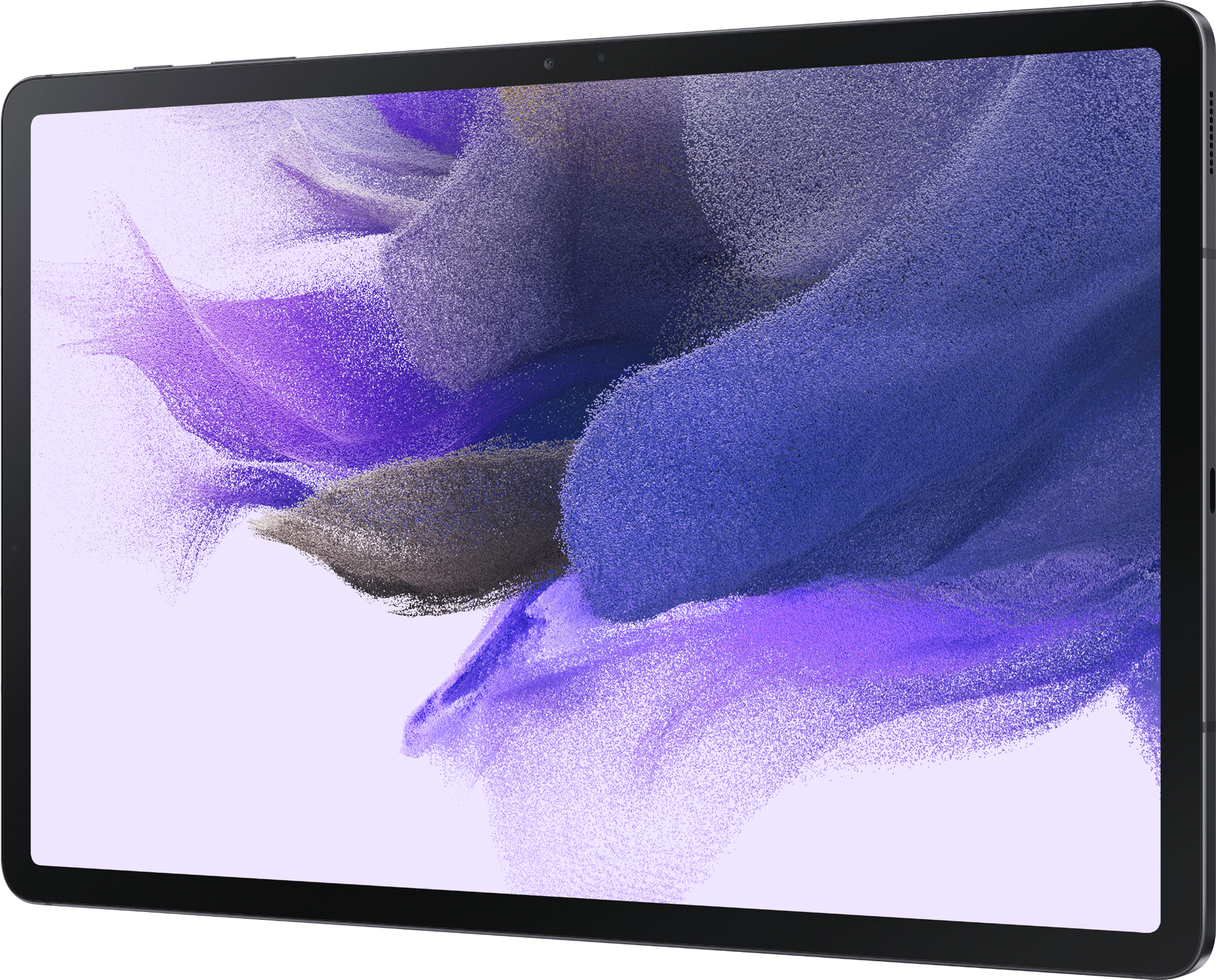 Een tablet op een witte achtergrond. Het scherm toont een kleurrijke abstracte afbeelding.