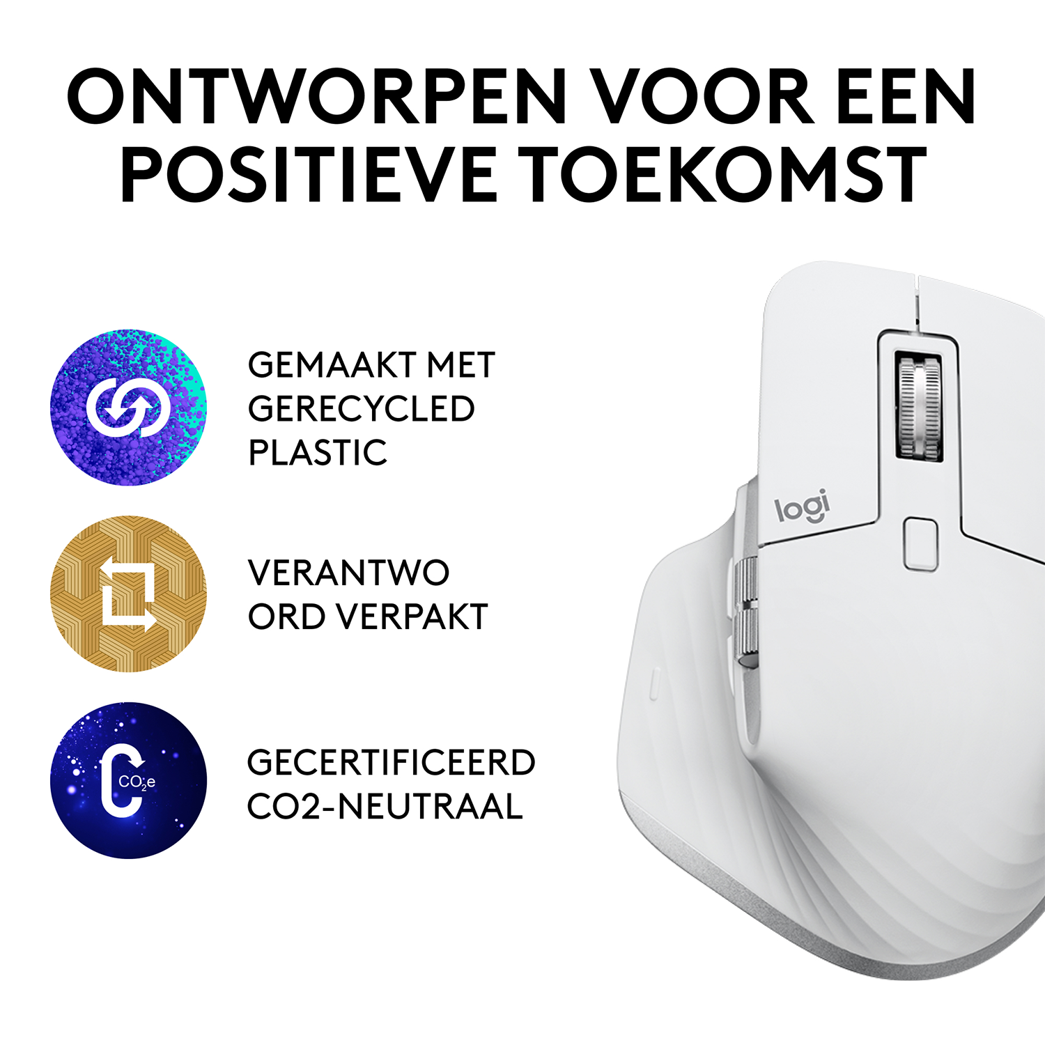 Biała mysz Logitech z tekstem o materiałach z recyklingu i neutralności CO2.