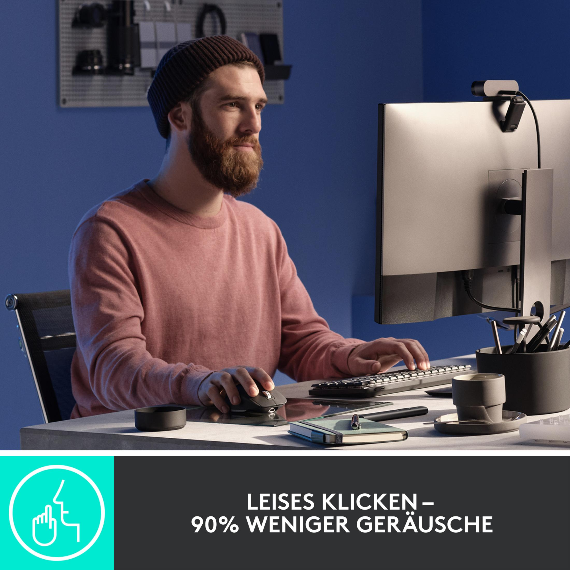 Mężczyzna używa myszy i klawiatury. Na biurku widać monitor i kamerę internetową.