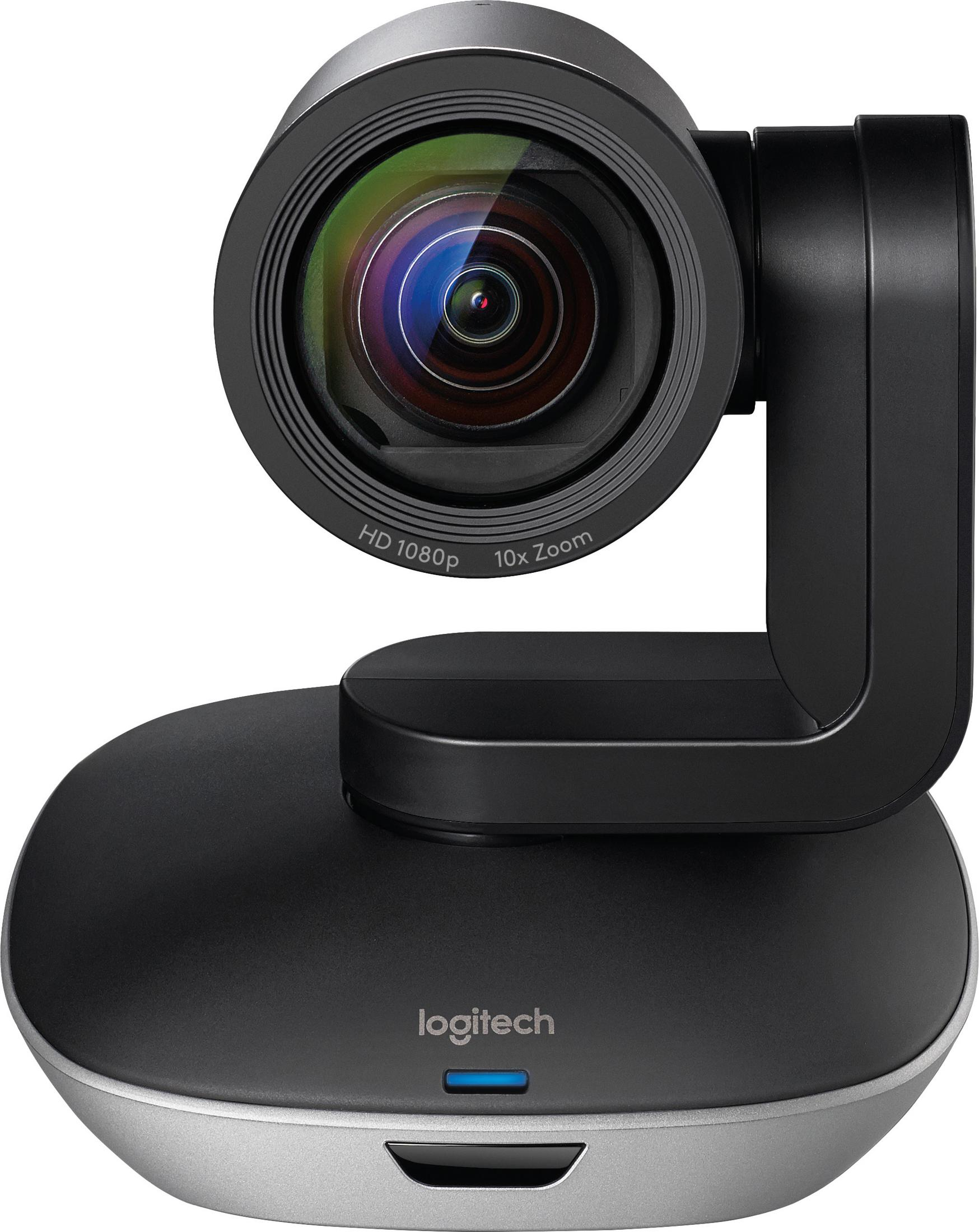 Eine schwarze und silberne Webcam mit großem Objektiv und dem Logitech-Logo.