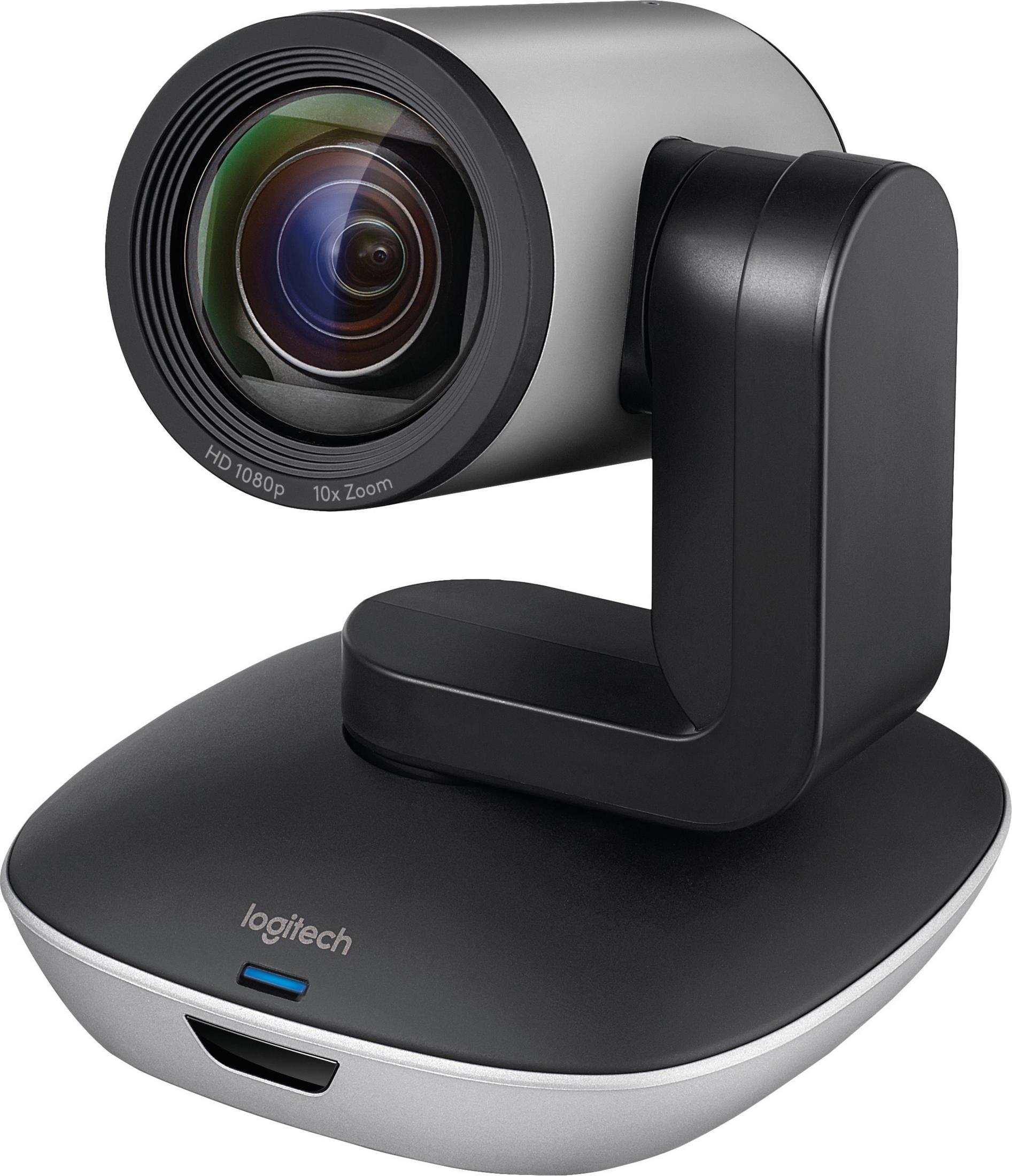Nahaufnahme einer schwarzen und silbernen Logitech-Webcam auf schwarzem Sockel, mit Linse.