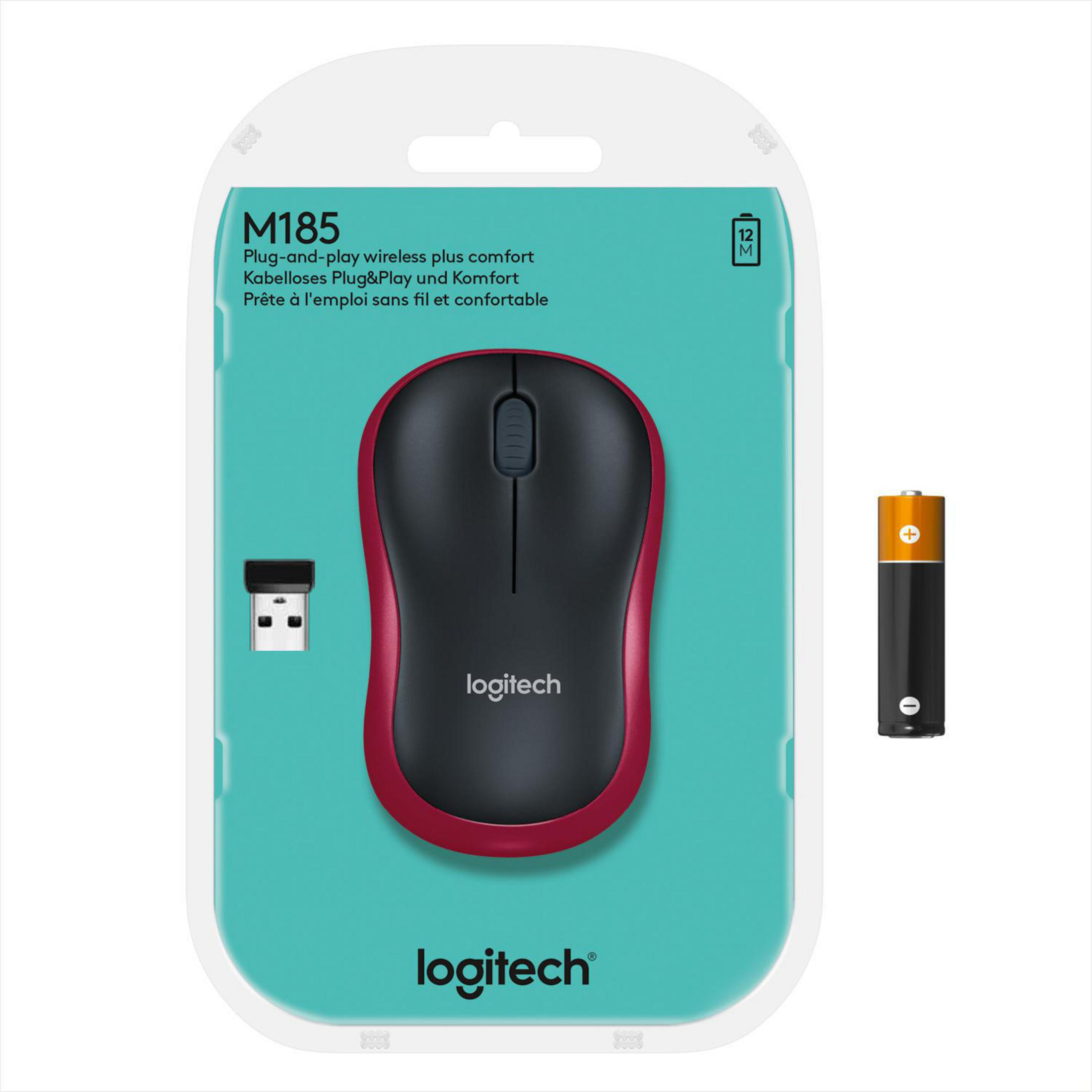 Bezprzewodowa mysz Logitech M185 w opakowaniu, z baterią i odbiornikiem USB.