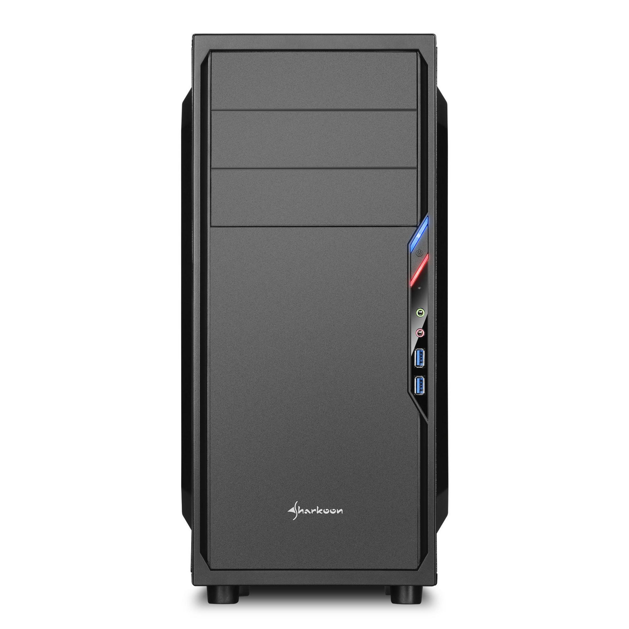 Schwarzes Computergehäuse mit glatter Front und verschiedenen Anschlüssen rechts.