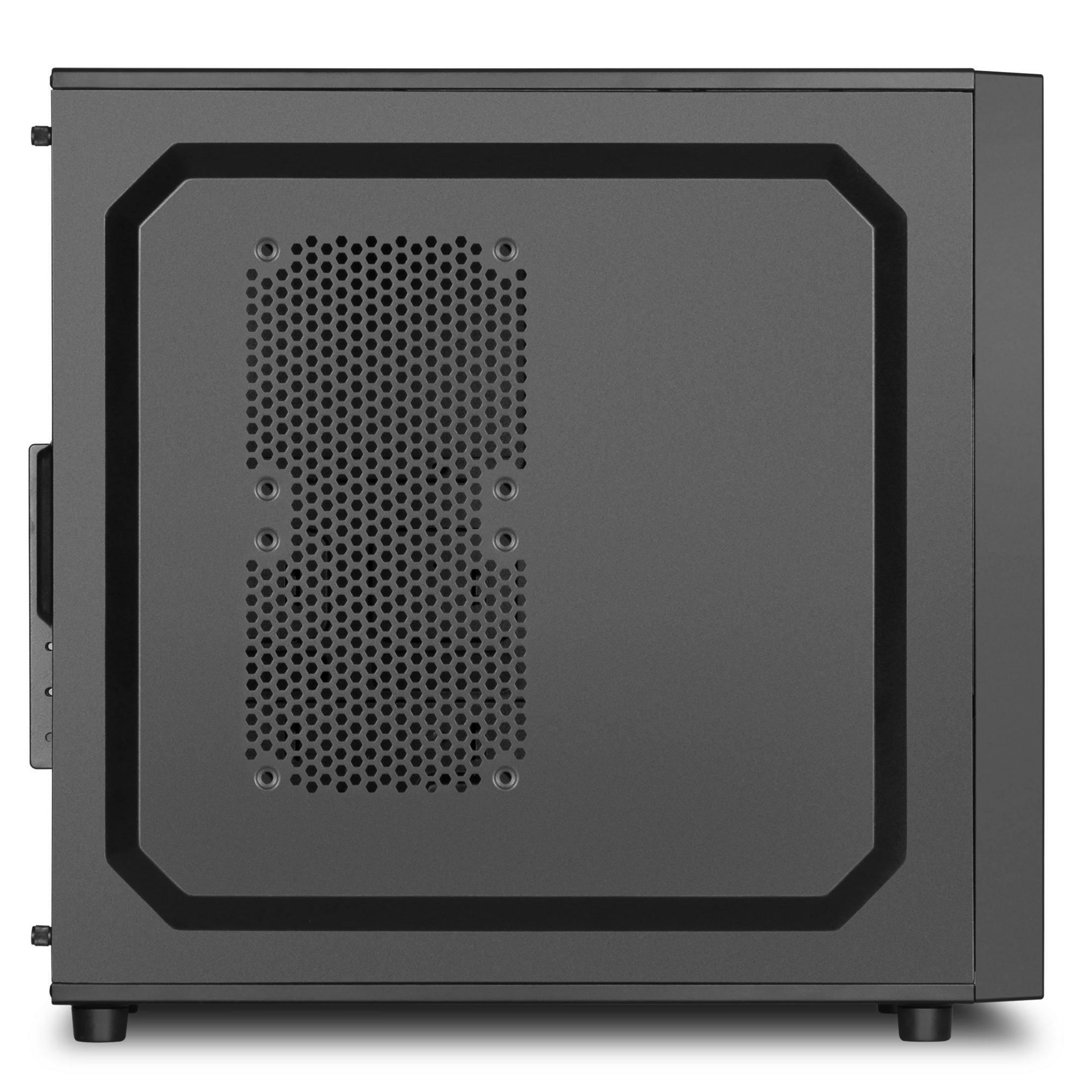 Eine schwarze Computergehäuse-Seite. Sie hat einen perforierten Bereich und eine feste Platte.
