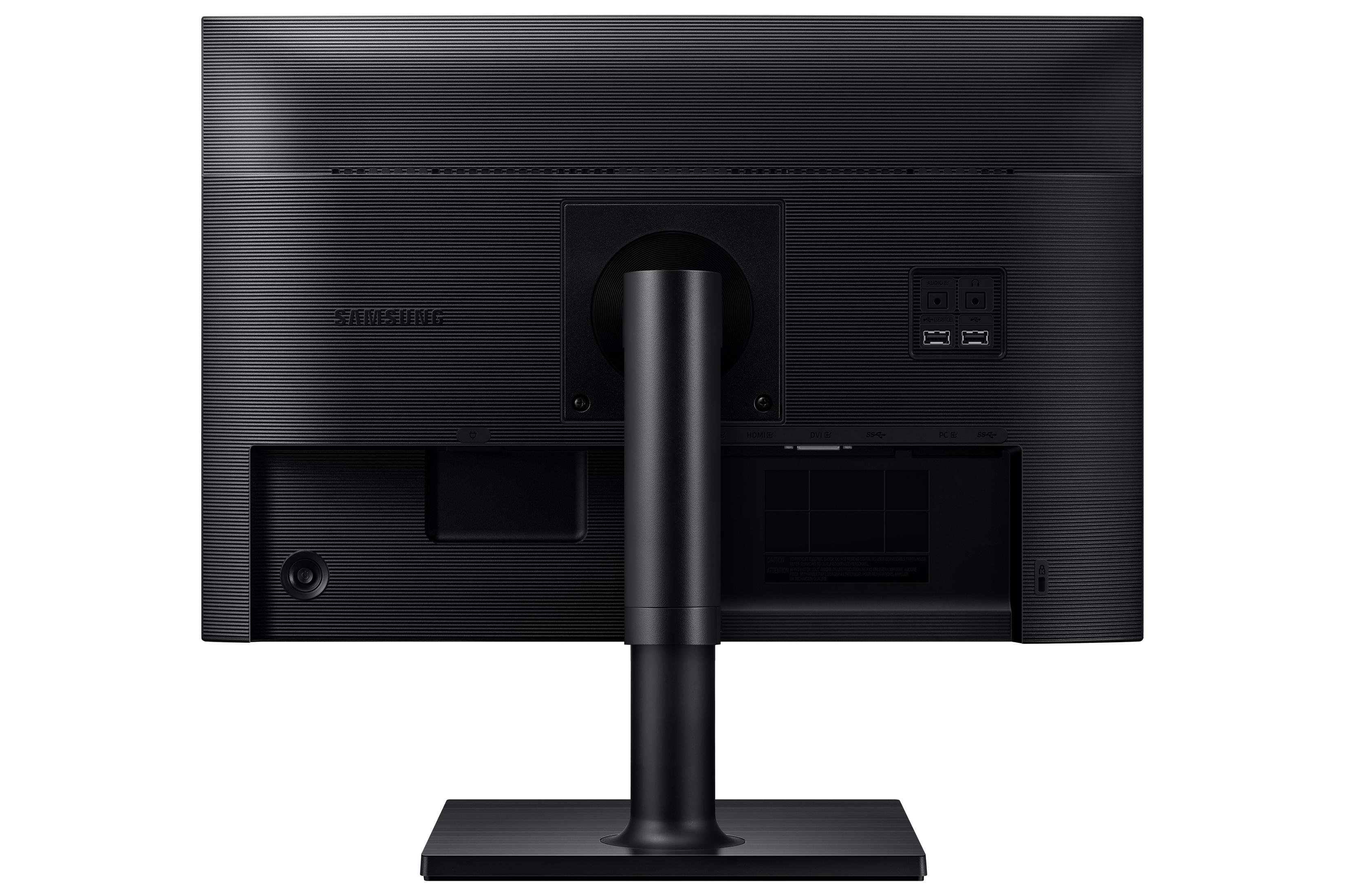 La parte trasera de un monitor de computadora negro con soporte y puertos de conexión. Está en blanco.