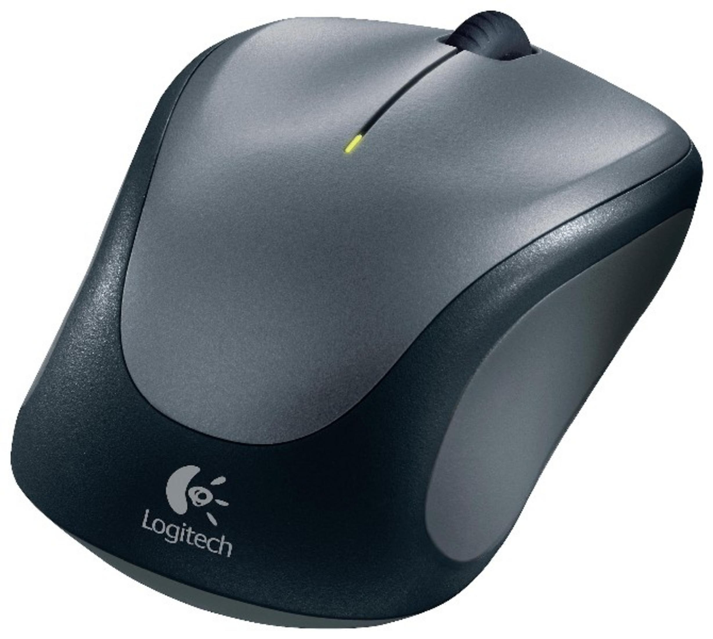 Bezprzewodowa mysz Logitech, ciemnoszara i czarna, z kółkiem przewijania i logo.