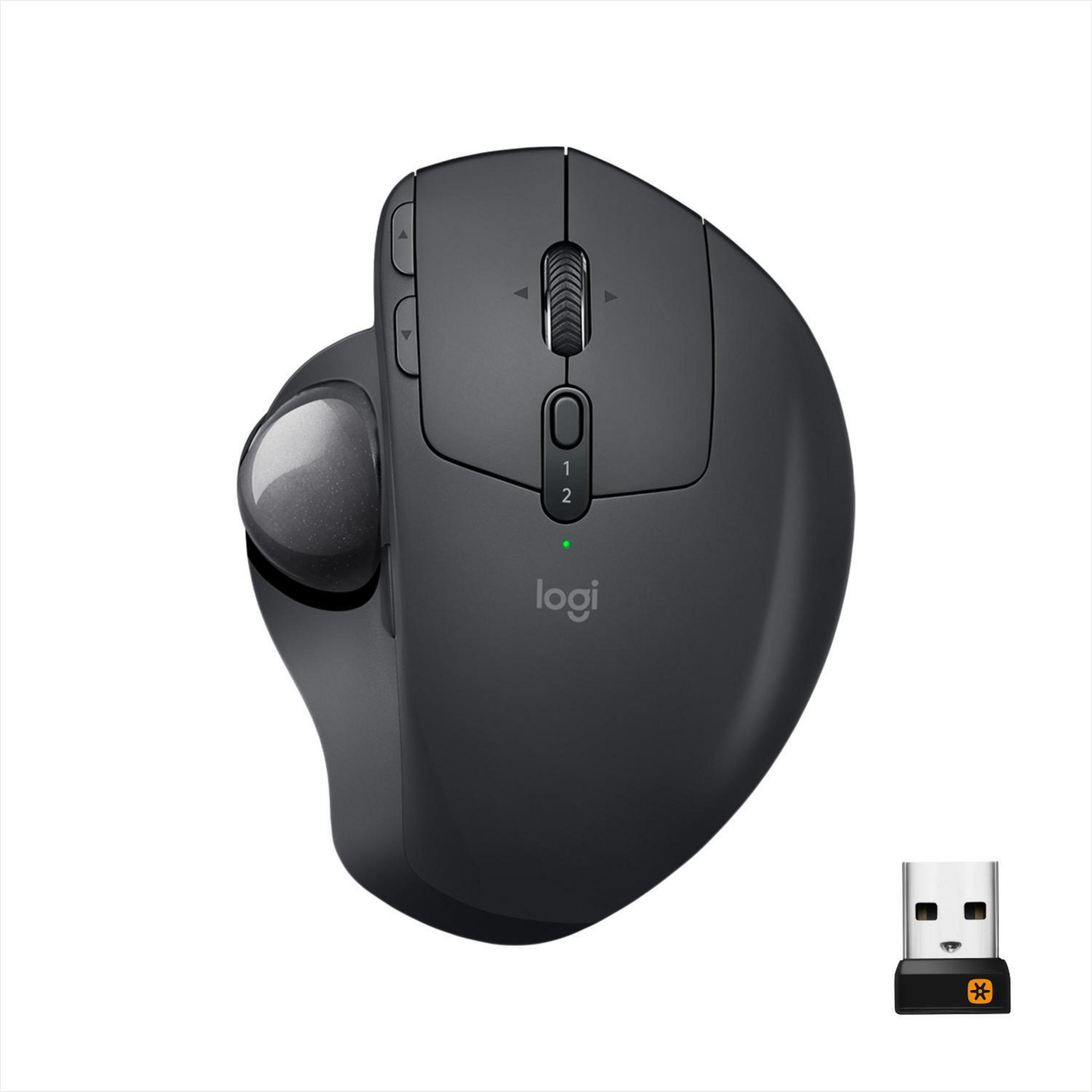 Une souris ergonomique Logitech noire avec trackball et un récepteur USB sont présentés.