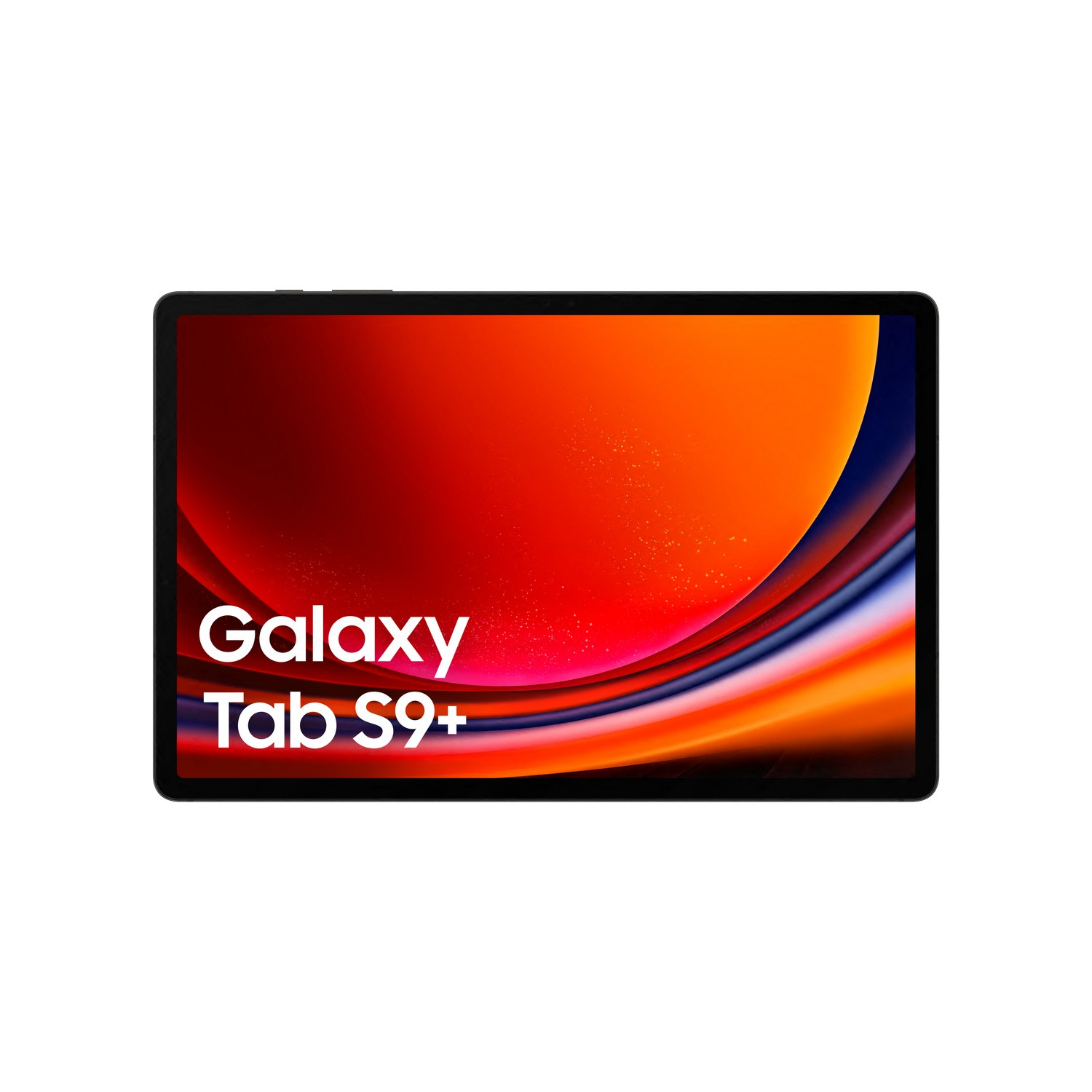 Czarny tablet z logo 'Galaxy Tab S9+' na ekranie. Tło jest pomarańczowe i czerwone.