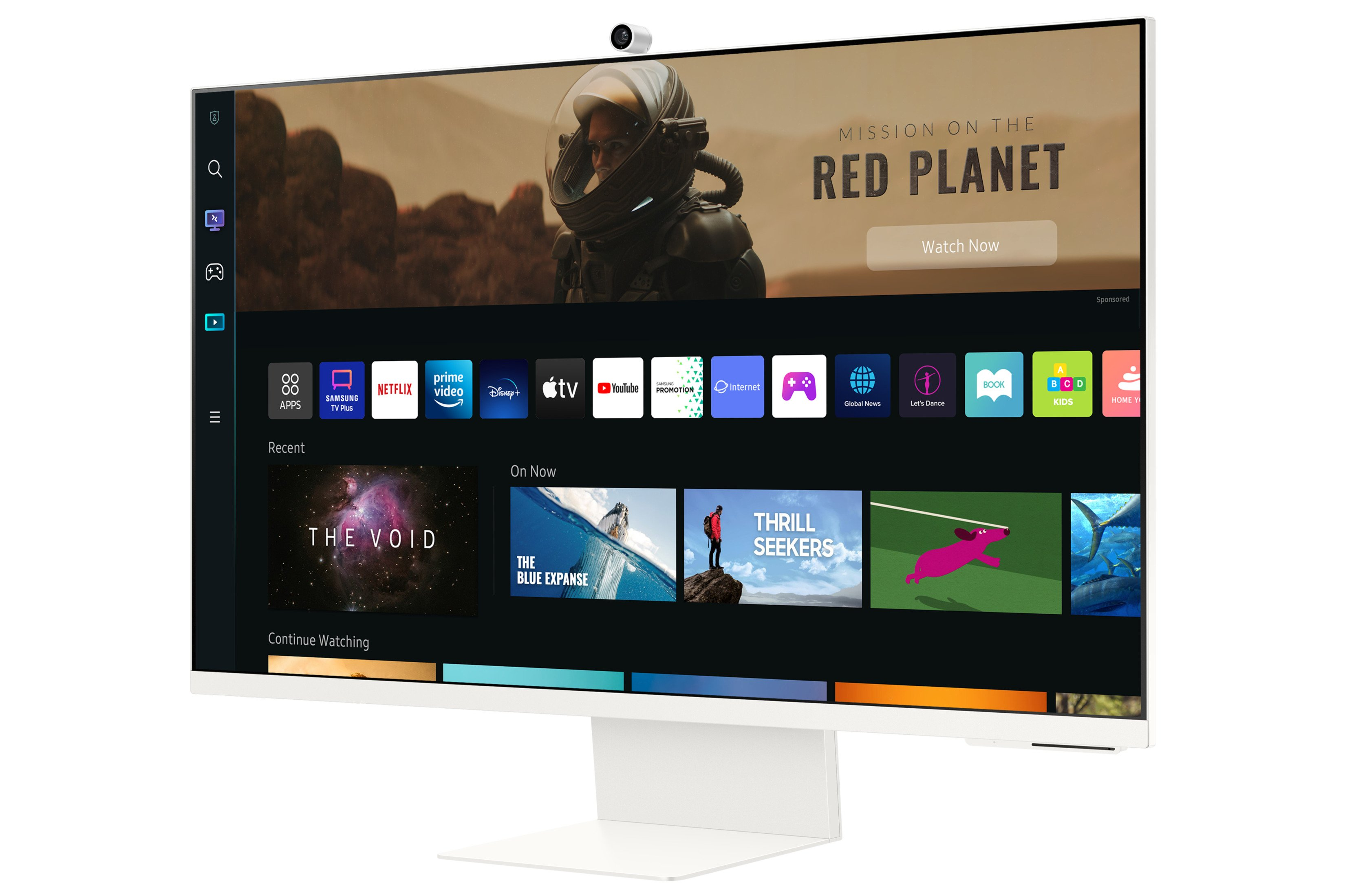 Monitor bianco mostra uno schermo a tema spaziale. Cornice nera, base bianca.
