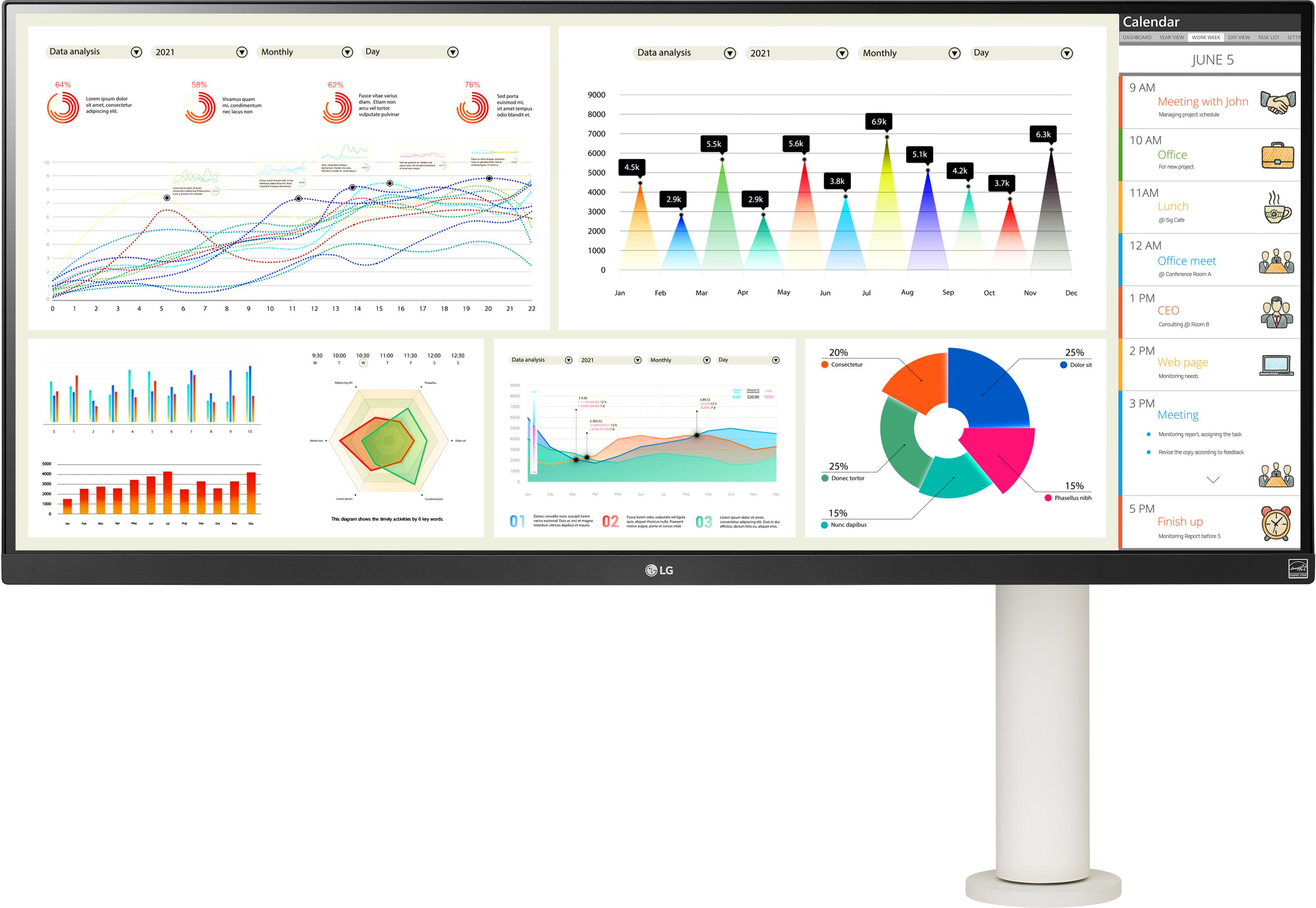 Monitor LG che mostra visualizzazioni di dati, inclusi grafici e un calendario. Supporto bianco, sfondo bianco.
