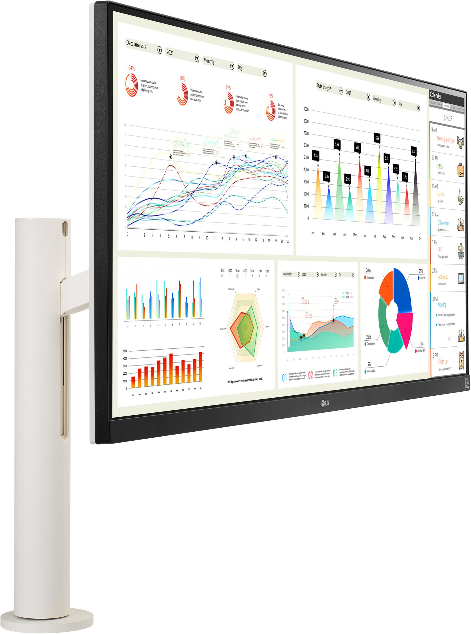 Doppi monitor per computer che mostrano grafici e dati, montati su supporto bianco.