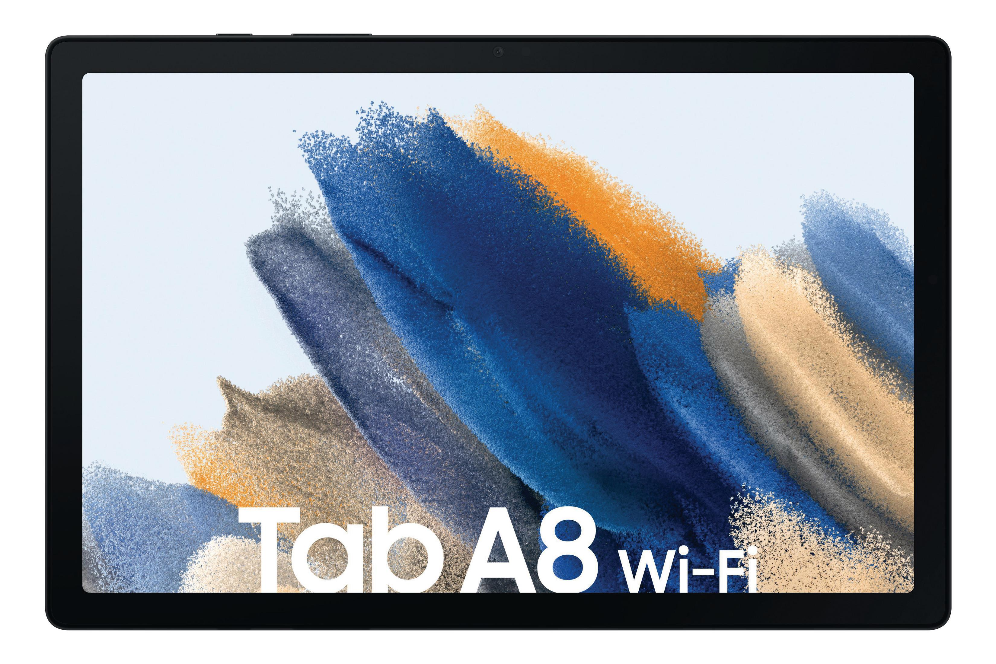 Samsung Tab A8 Tablet mit schwarzem Rahmen. Der Bildschirm zeigt einen abstrakten Kunsthintergrund.
