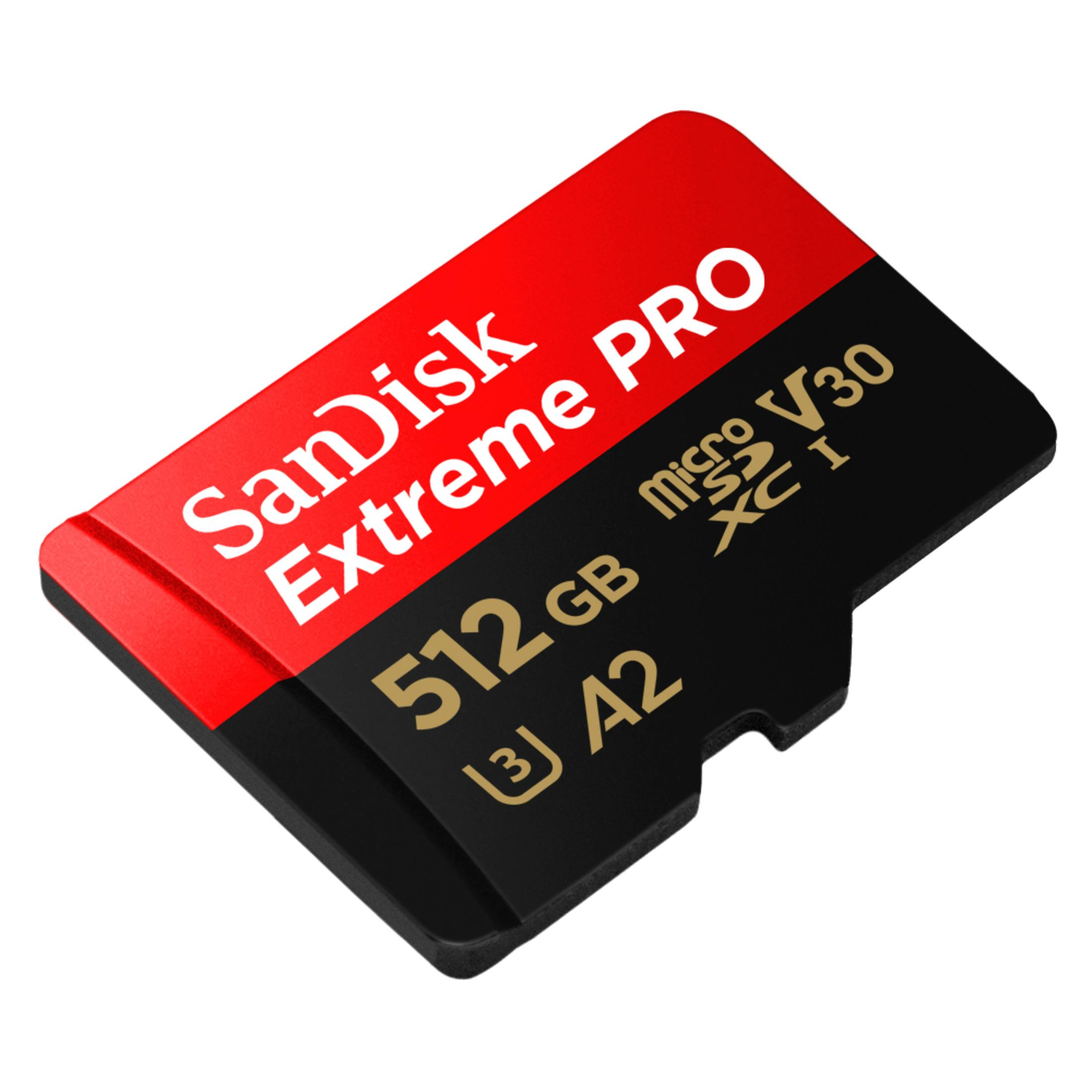 Karta microSD SanDisk Extreme PRO, czerwono-czarna z białym tekstem, 512GB, A2, V30 i XC I.