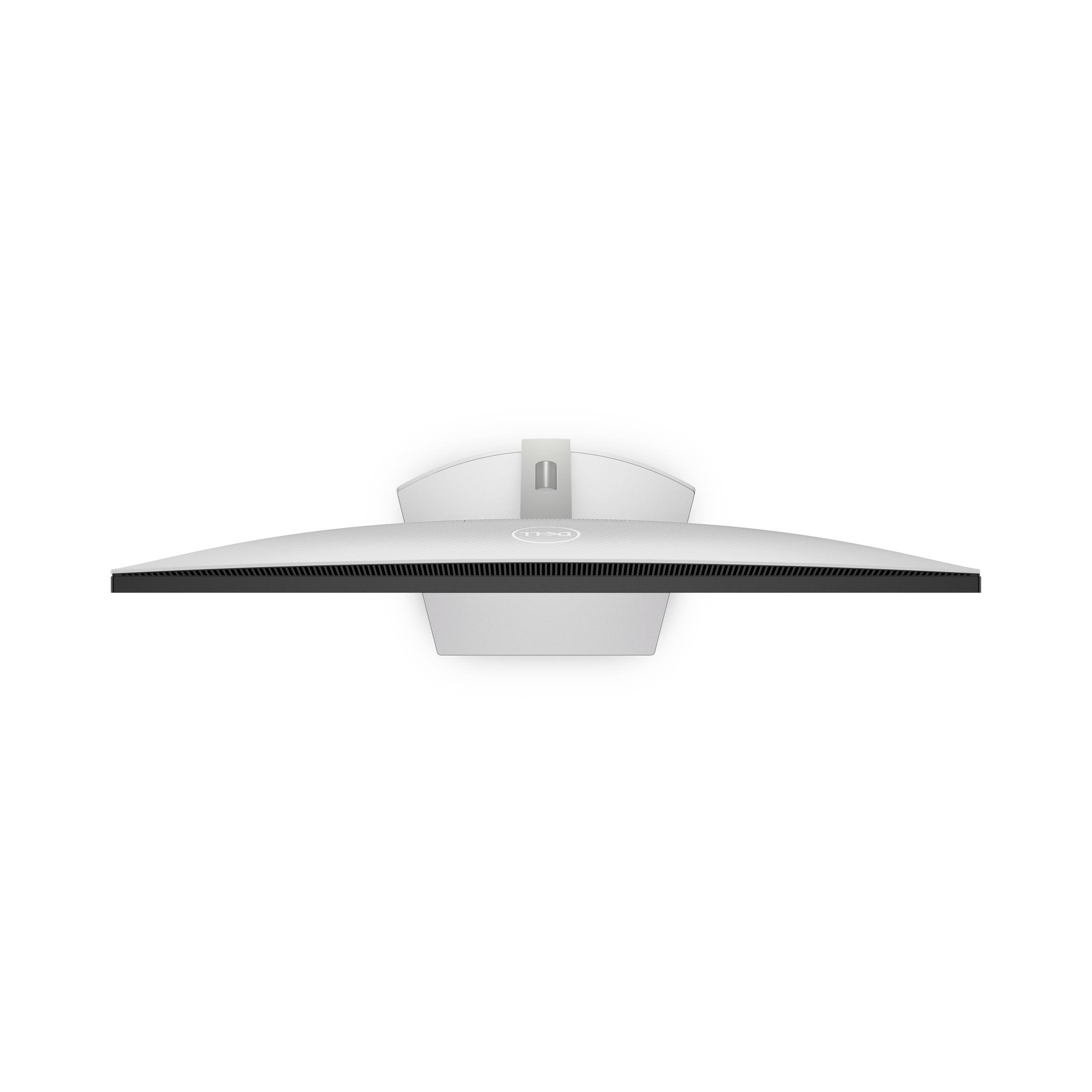 Widok z góry na srebrny monitor Dell na białej powierzchni. Ekran jest czarny.