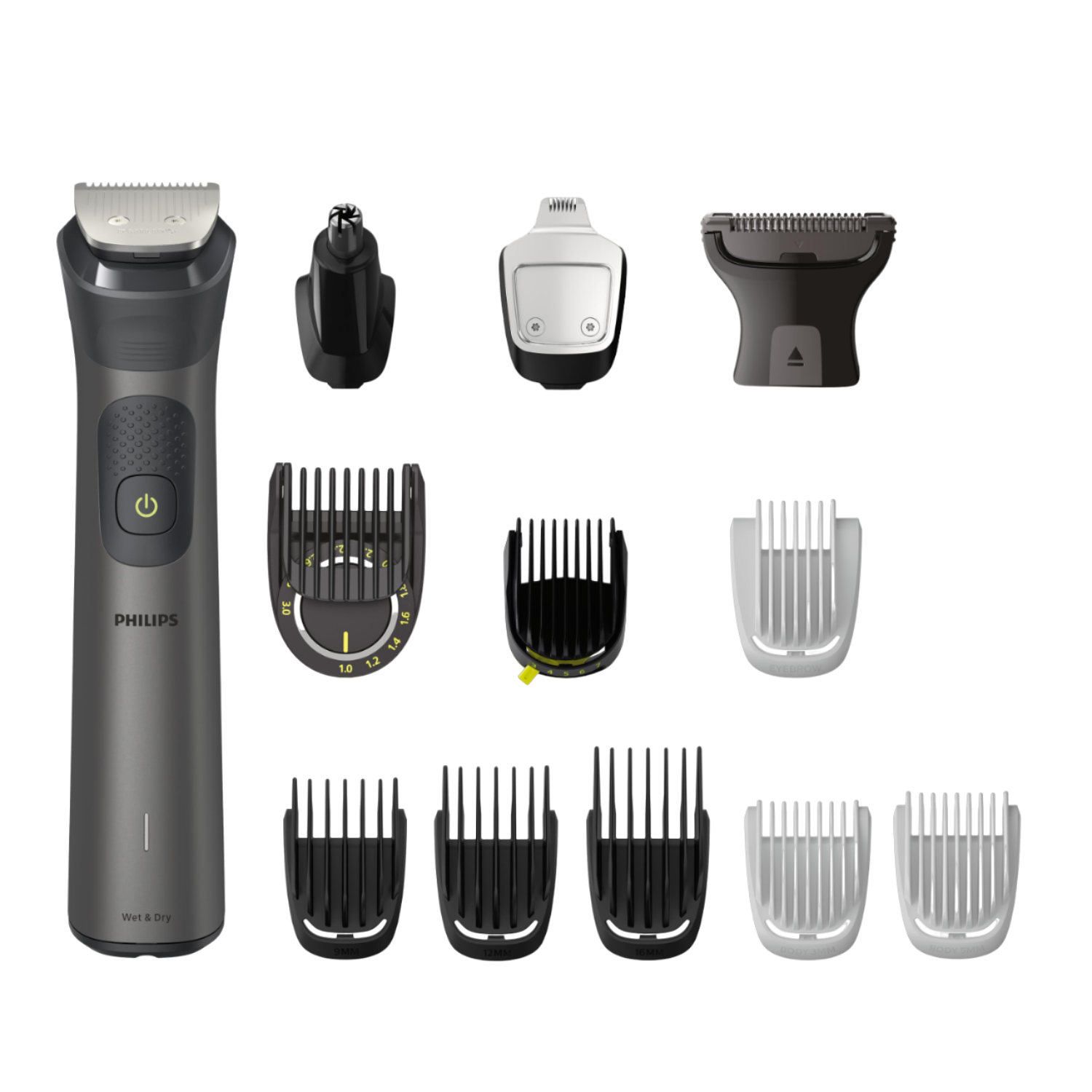 Afeitadora eléctrica Philips Wet & Dry con varios accesorios de corte.