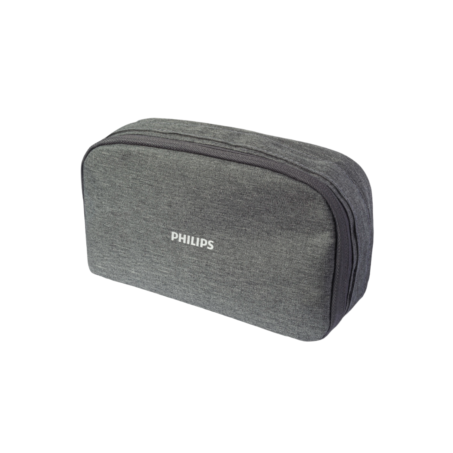 Una bolsa de viaje gris Philips, forma rectangular con cremallera. El logotipo de Philips es visible en la parte delantera.