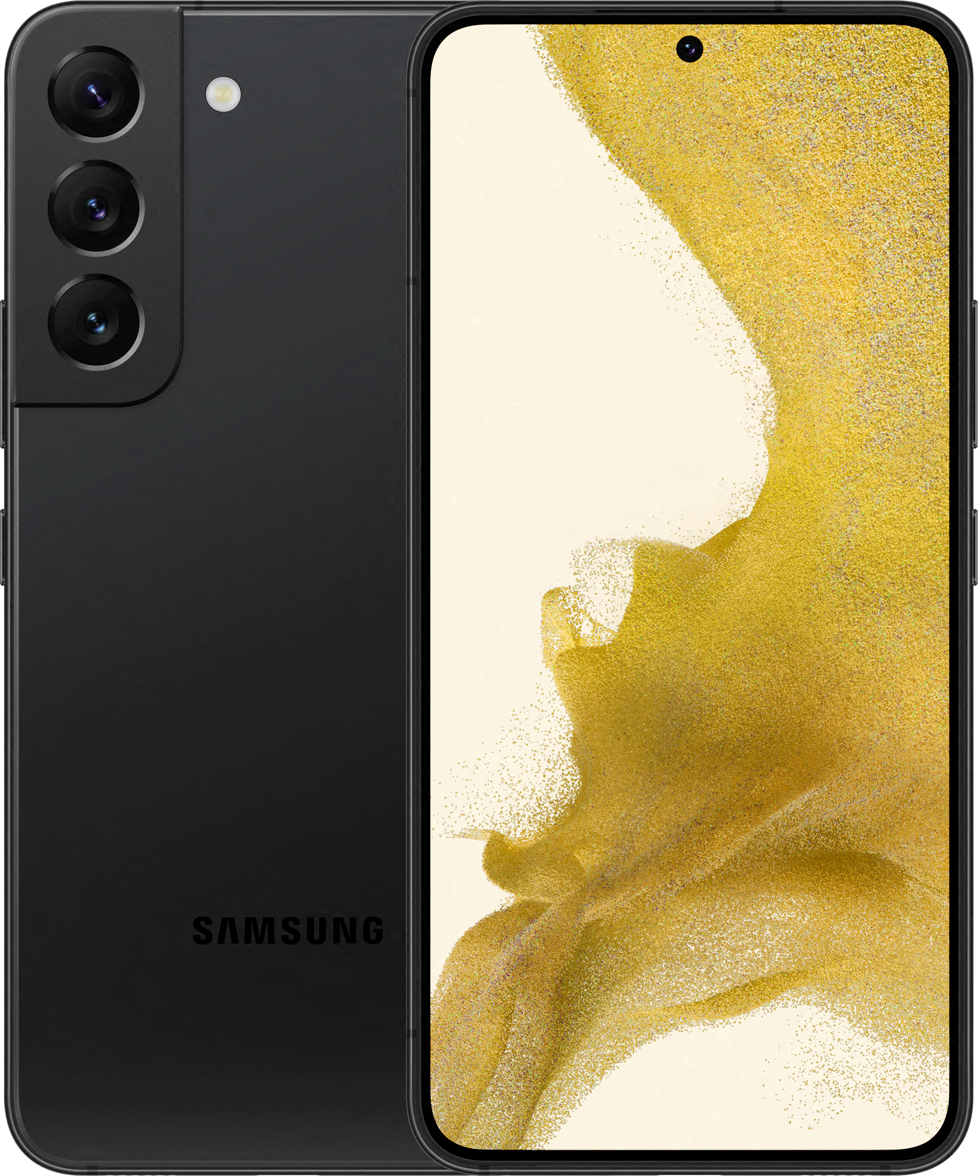 Schwarzes Samsung-Smartphone, zeigt die Rückseite mit Kameras und die Vorderseite mit dem Bildschirm.