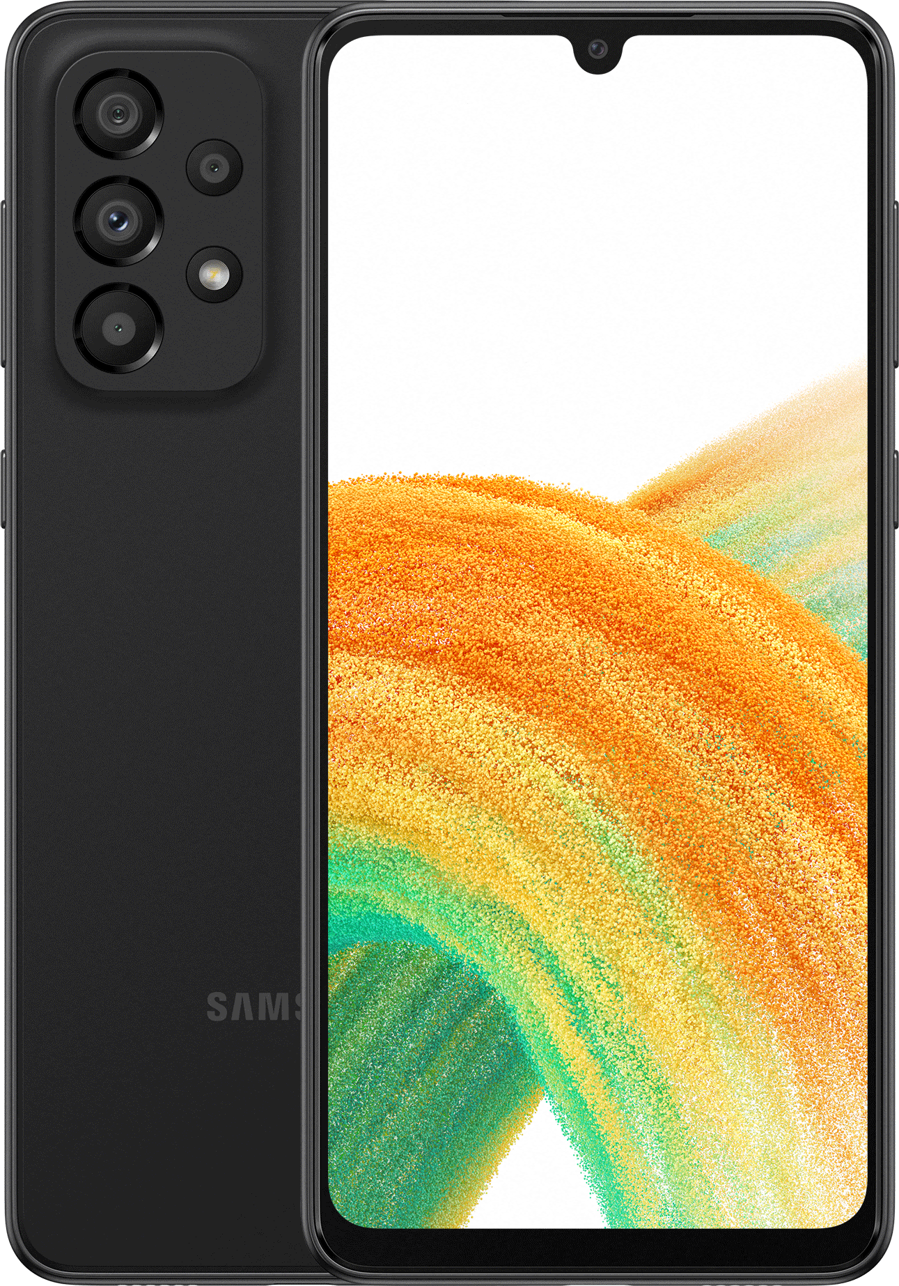 Czarny smartfon Samsung z wieloma tylnymi aparatami i białym ekranem z kolorowym, abstrakcyjnym obrazem.