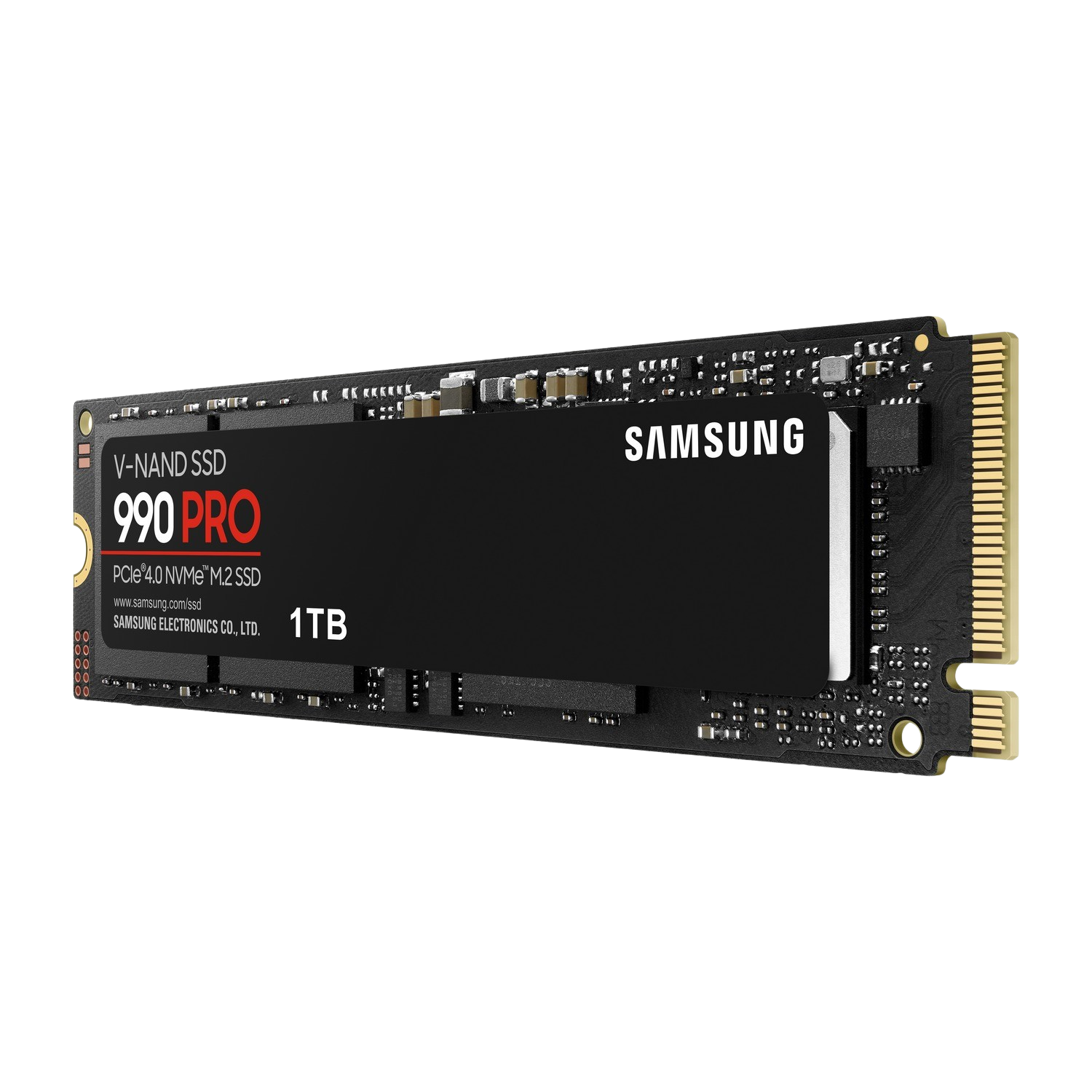 Eine Samsung 990 Pro SSD, Draufsicht. Sie ist schwarz mit weißem Samsung-Logo und Text.