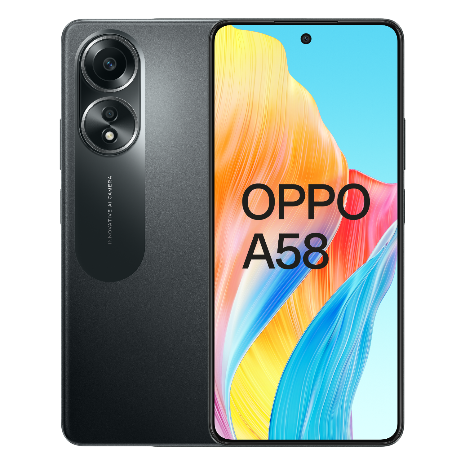 OPPO A58 Smartphone, Vorder- und Rückansicht. Schwarze Farbe, mit zwei Kameras. Schwarzer Hintergrund.