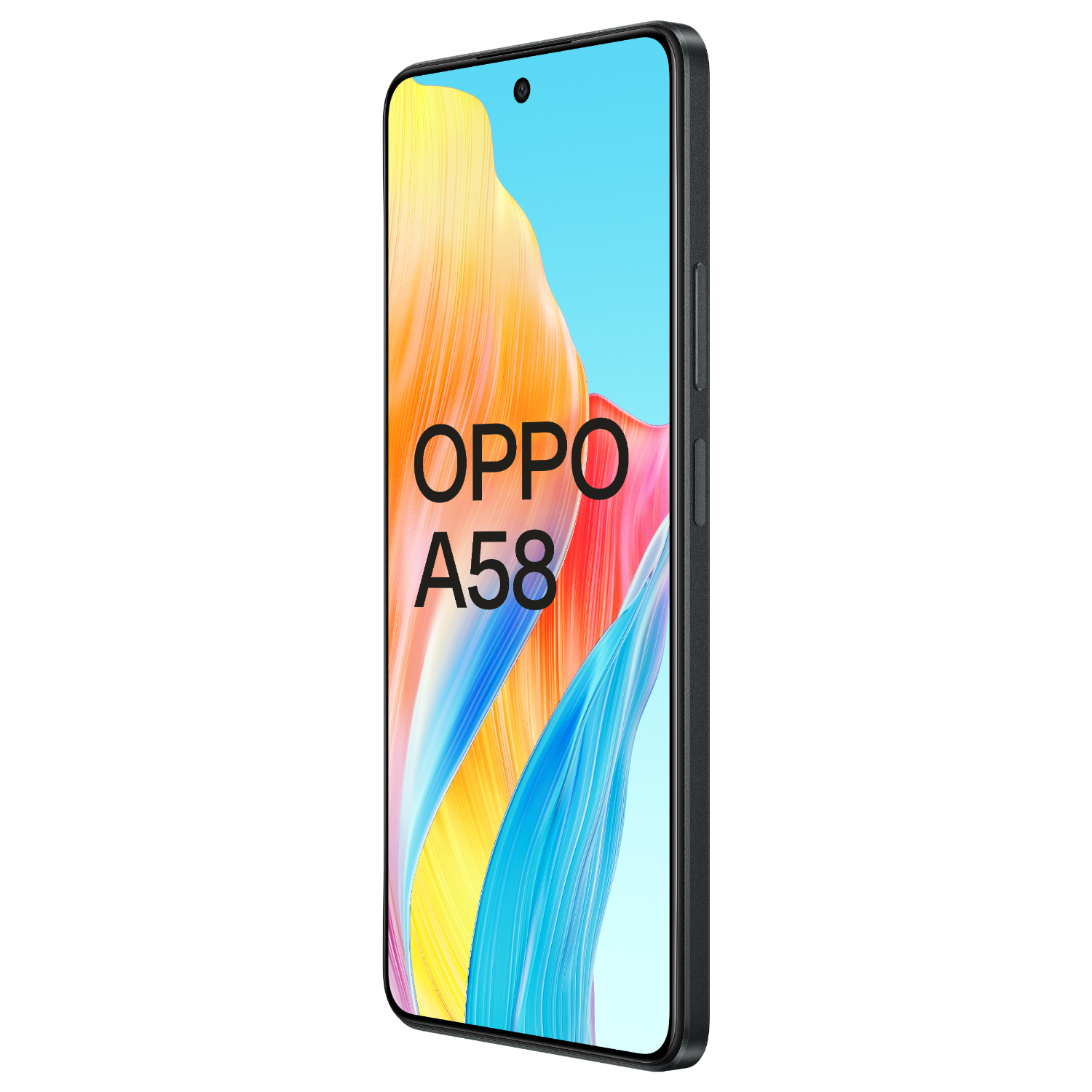 OPPO A58 Smartphone mit Bildschirm. Das Telefon ist schwarz und schlank.